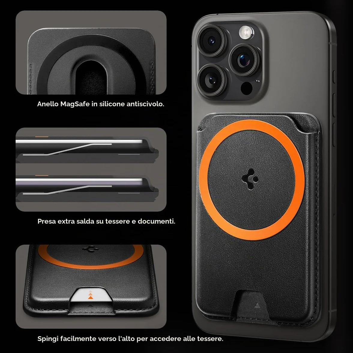 Spigen Valentinus MagFit+ Portafoglio (3 carte) MagSafe Wallet MagSafe Compatibile con iPhone 17/16/15/14/13/12 Modelle, Accessori MagSafe - Nero
