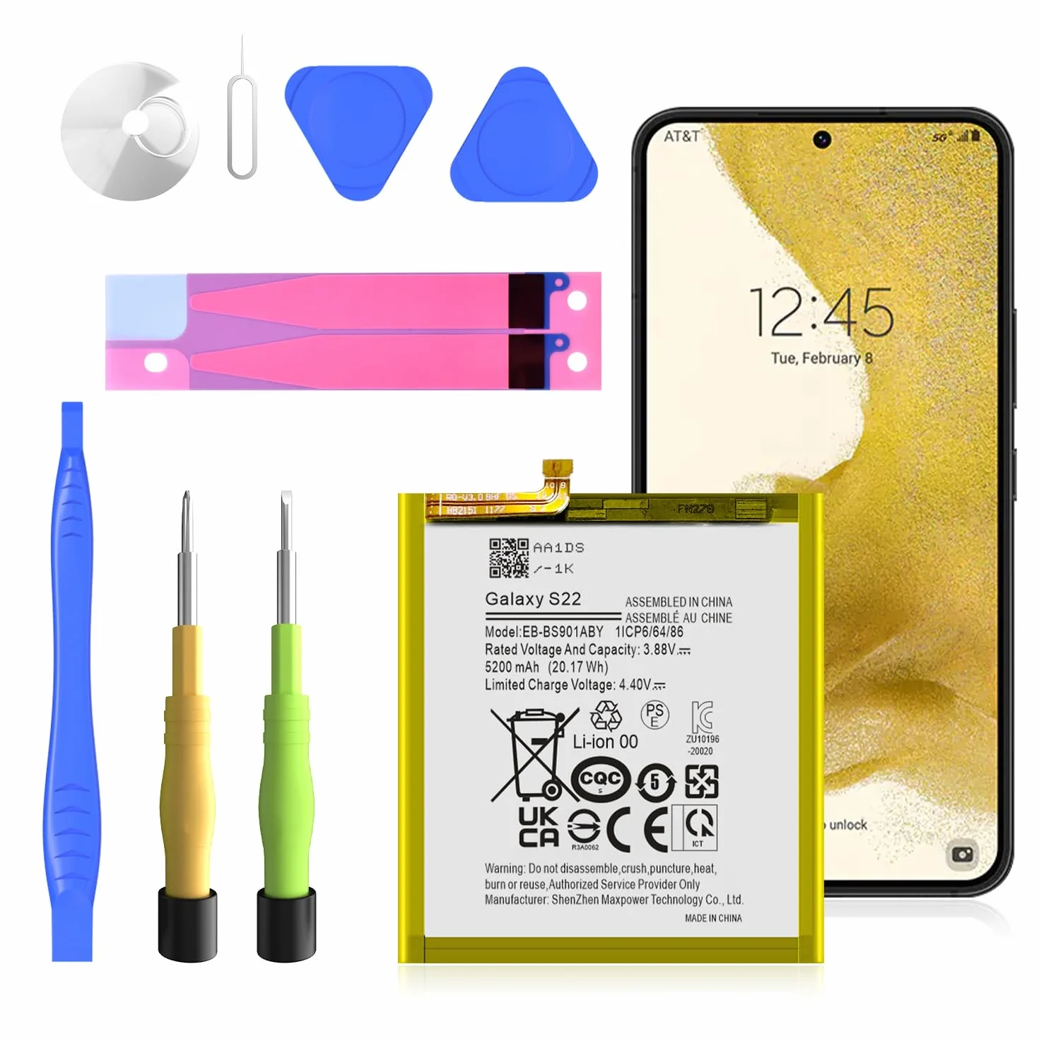 Batteria di ricambio per Galaxy S22, 5200 mAh EB-BS901ABY per S22 5G SM-S901 S901B S901E S901F S901N S901U S901W S9010 con kit di attrezzi di riparazione