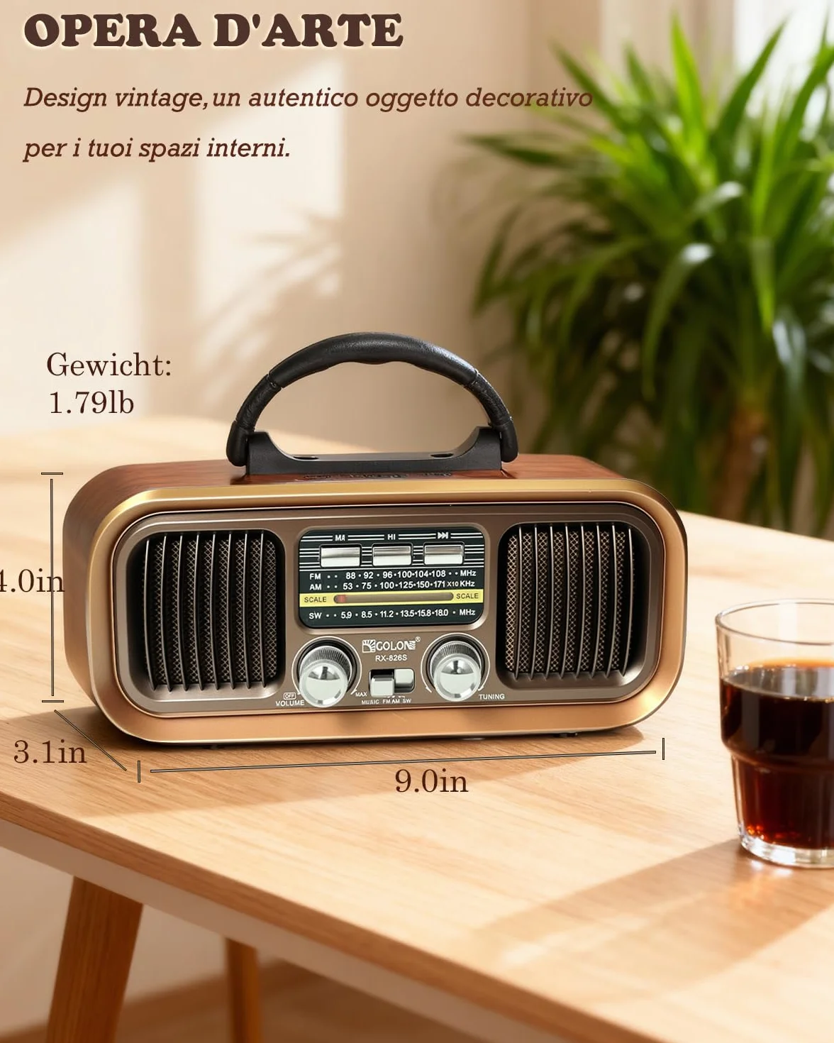 Radio Portatile Vintage FM/AM/SW Bluetooth, Ricaricabile 1200 mAh Pannello Solare, TF Card USB MP3