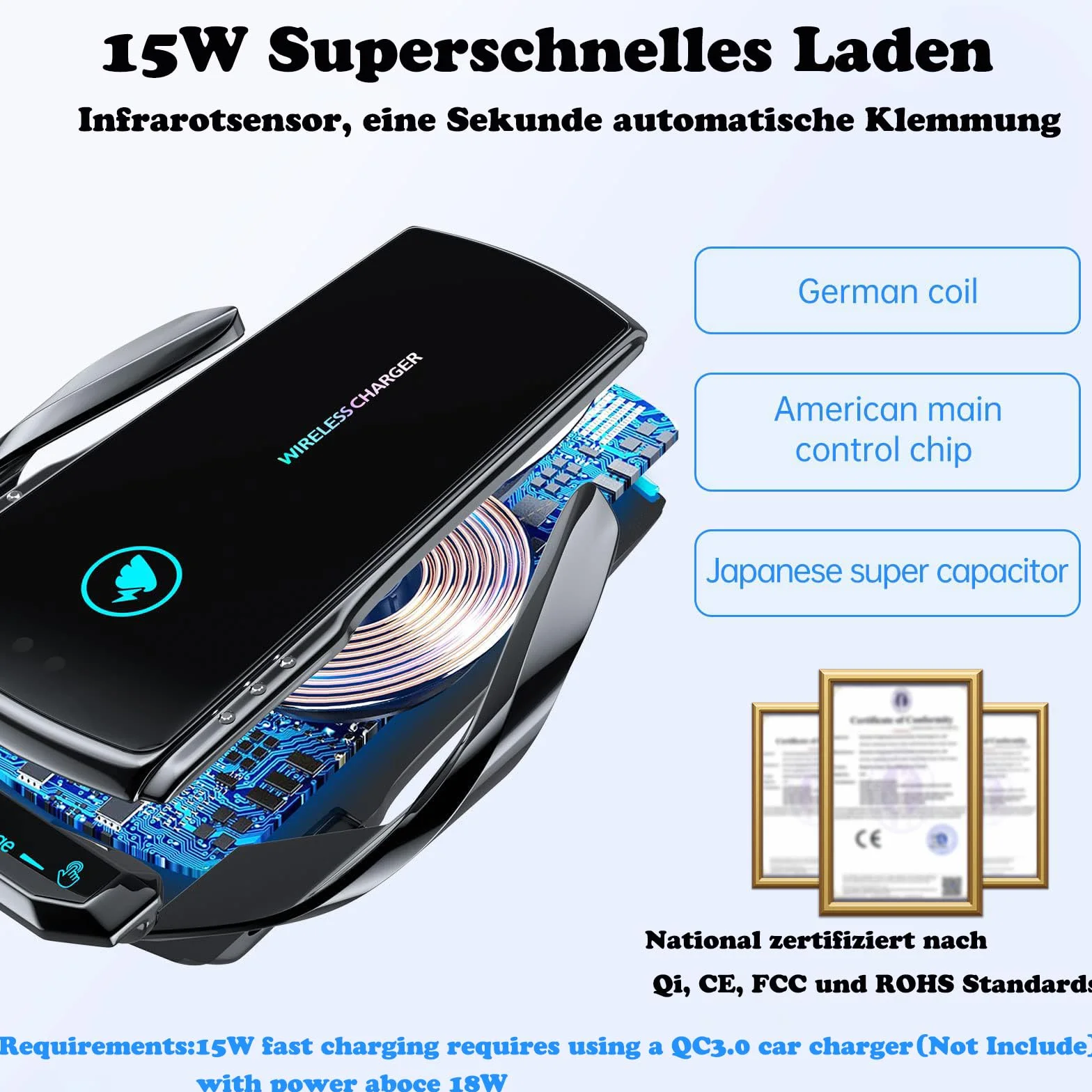 15W Qi Caricatore Wireless Auto,Auto-Bloccaggio Supporto Telefono Auto, Ricarica Wireless Auto per iPhone,Supporto Smartphone per Samsung e Altri…