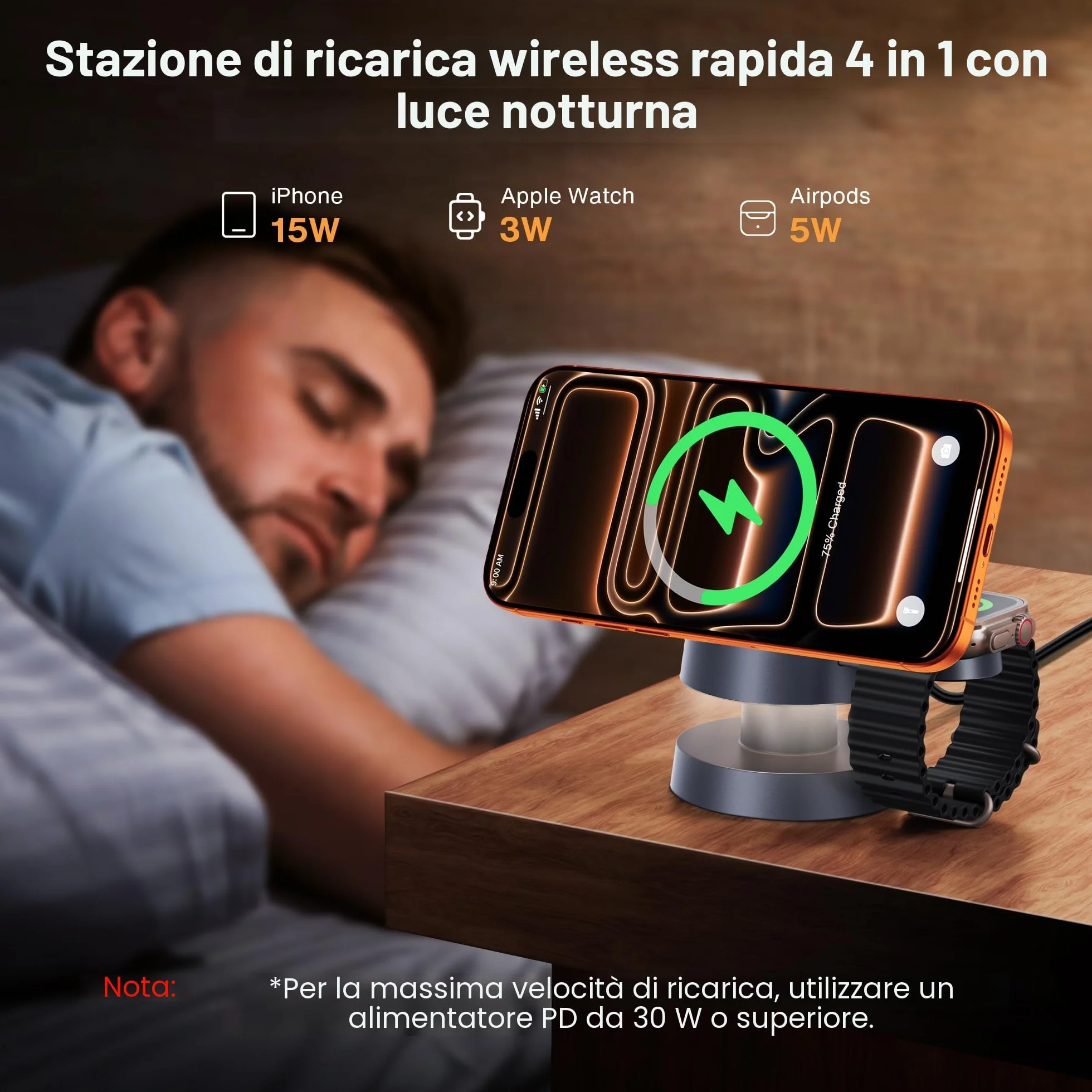 iVANKY 4 in 1 Caricabatterie wireless per iPhone 17e Stazione di ricarica con luce notturna, Qi2 15W 3 in 1 MagSafe caricabatterie per iPhone 17/16/15/14/13/12/11/Pro/Max, Apple iWatch, Airpods
