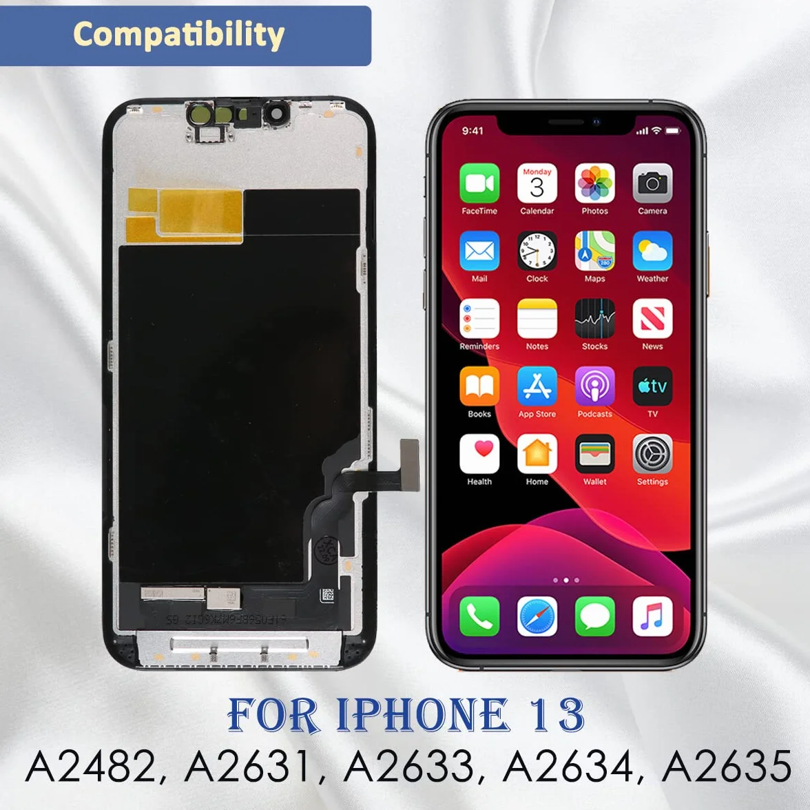 Yodoit Display per iPhone 13, Kit di Ricambio Schermo LCD da 6,1 Pollici, digitalizzatore Touch FHD con Kit di Riparazione, Pellicola Protettiva, Compatibile con Modelli A2482, A2631, A2634, A2635