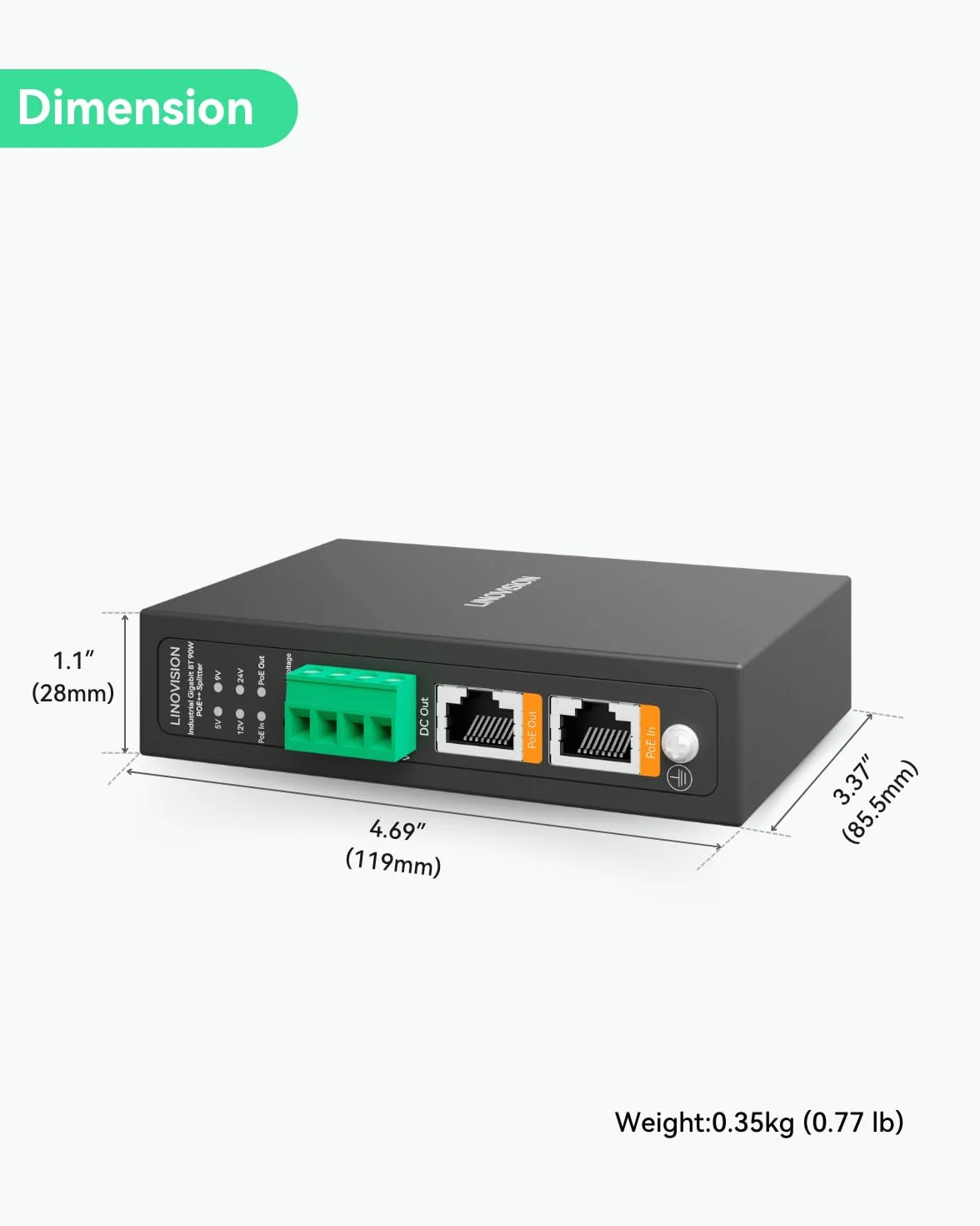 LINOVISION Splitter Poe++ Gigabit Industriale 90W con IEEE802.3bt e Uscita DC 5/9/12/24V, Montaggio su Guida DIN, da IEEE802.3bt a Poe e Alimentazione DC per Telecamere PTZ, Sistemi di Accesso