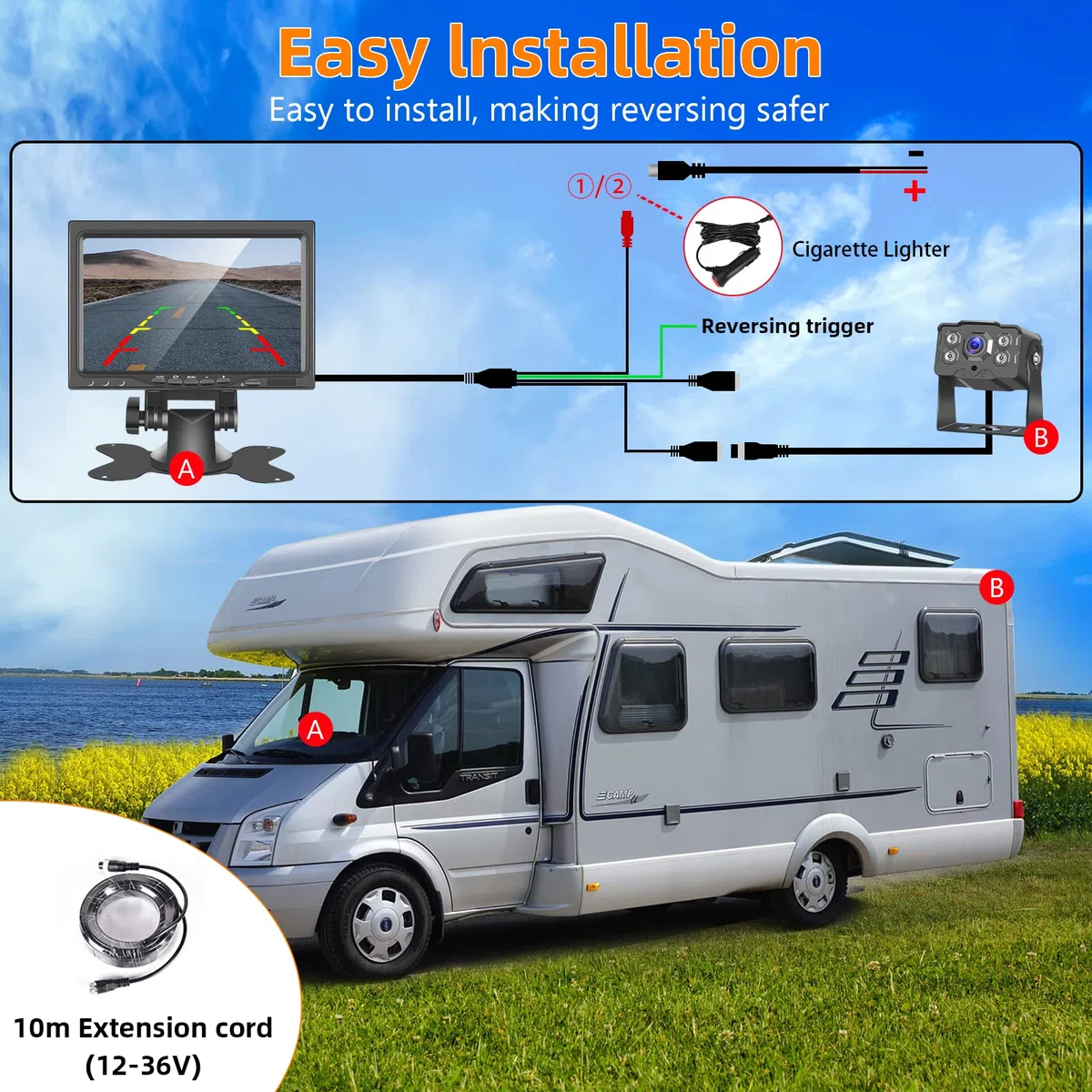 Hodozzy Telecamera Posteriore Auto con 7" Monitor IPS e Telecamera AHD, Visione Notturna IR Impermeabile IP68 Telecamera per Retromarcia Cavo 4 Pin 15 m per Camion/Rimorchio/Autobus/Furgone(9-36V)