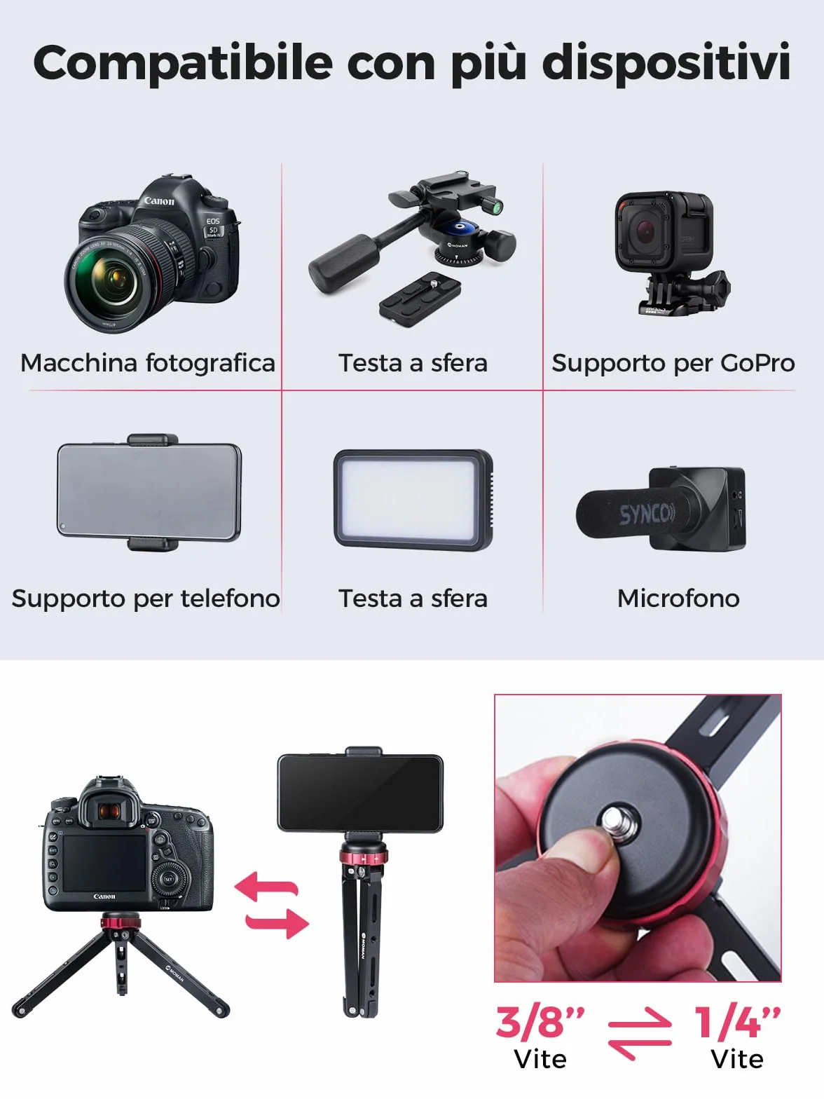 Moman Mini Treppiedi, TR01 Tavolo Treppiedi Piccolocon Attacco a Vite 1/4 e 3/8 Mirrorless con Carico Massimo di 80 kg Alluminio CNC per Fotocamera Camere Reflex Smartphone DSLR, Nero Rosso