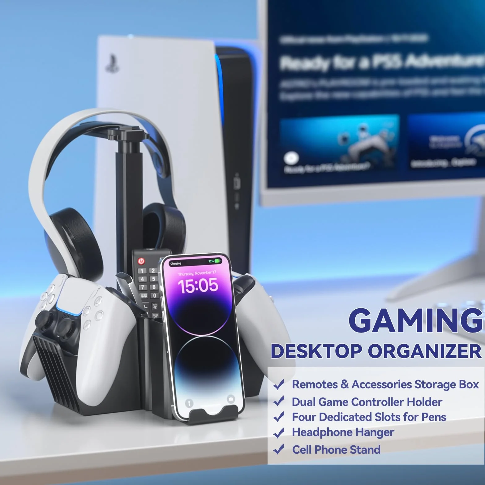 KDD Supporto per Controller Doppio, Porta Cuffie da Scrivania Universale con Supporto Telefono, Porta Controller Multifunzionale, Organizer Da Scrivania per Penna Telecomando Xbox ONE PS4 PS5 PC Nero