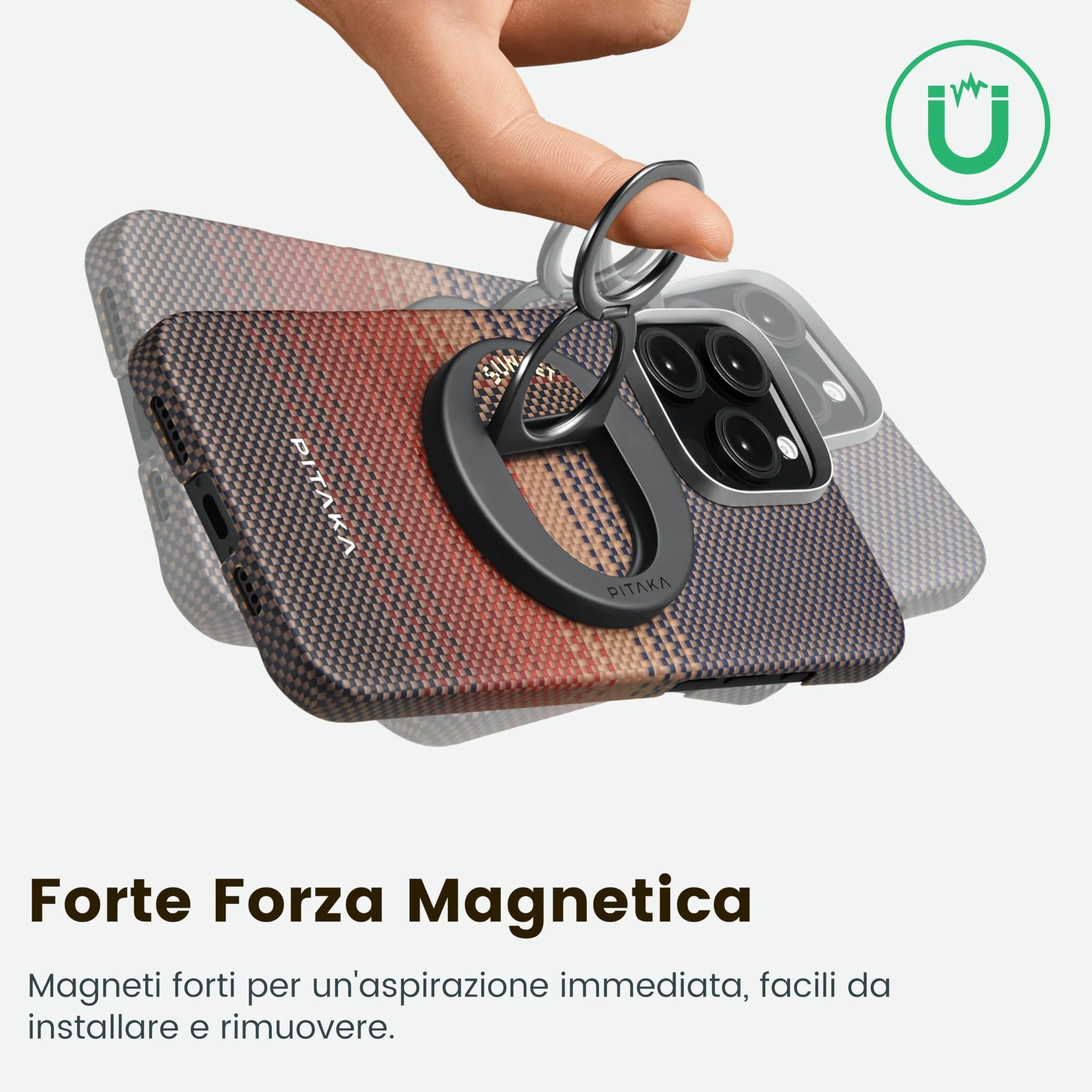PITAKA Anello Magnetico Gancio Per Cellulare compatibile con il iPhone 16/15/14/13/12, Regolazione Supporto per Telefono compatibile con Magsafe, Leggero Impugnatura Stand [MagEZ Grip 3] Nero/Grigio