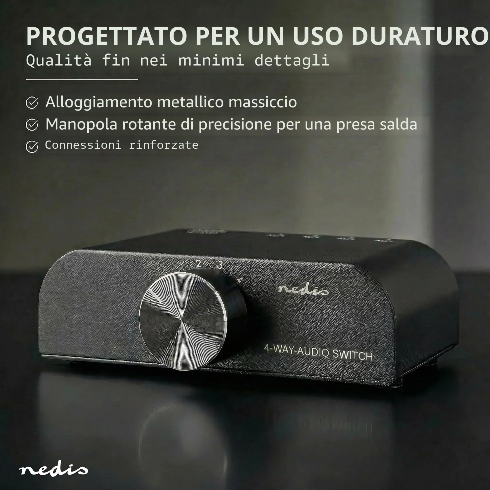 Nedis Interruttore audio analogico | 4 porte porte (s) | Connettori – Ingresso: 1 ingresso audio da 3,5 mm / 3 x (2 x RCA femmina) | Connettori – Uscita: 1 x (2 x RCA femmina) | Manuale | Metallo |