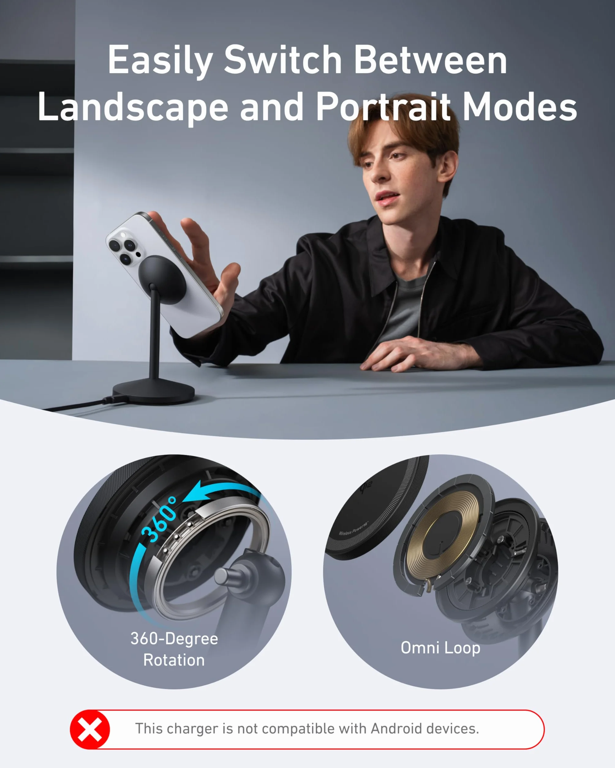 Anker Caricatore Wireless iPhone Stazione di ricarica, Certificato Qi2, Compatibile con MagSafe, Ricarica Rapida da 15W con cavo USB C, Compatibile con iPhone 17 Pro Max/Serie 16-12, AirPods(Nero)