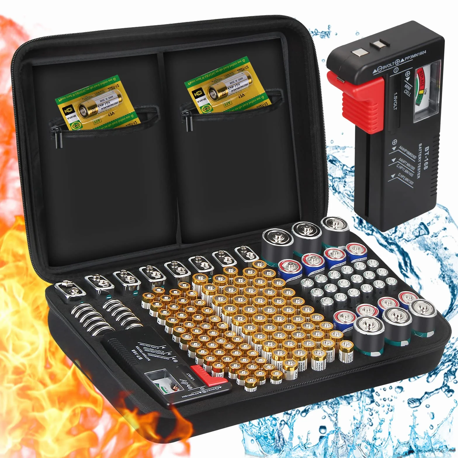 ENSOBO Custodia per Organizer Batterie 148 Pezzi AA AAA C D 9V con Tester Rimovibile Nero
