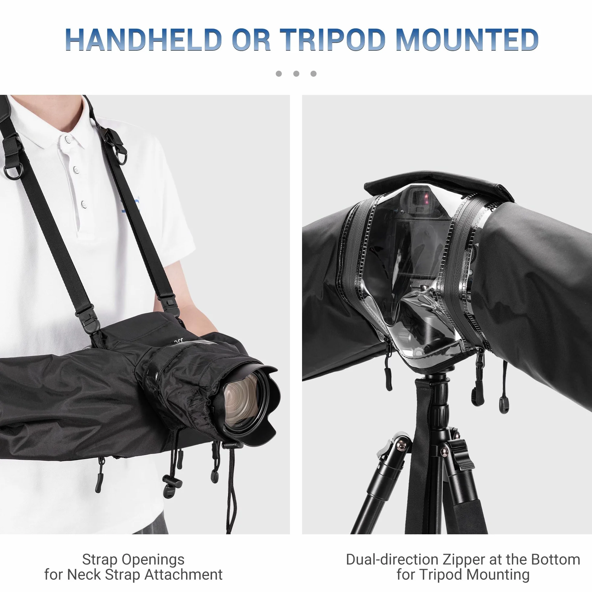 JJC Copertura antipioggia in nylon per fotocamere e obiettivi Canon, Sony, Nikon, lunghezza ≤ 230 mm, montaggio con cinghia e treppiede, finestra di visualizzazione con cerniera, maniche antiscivolo