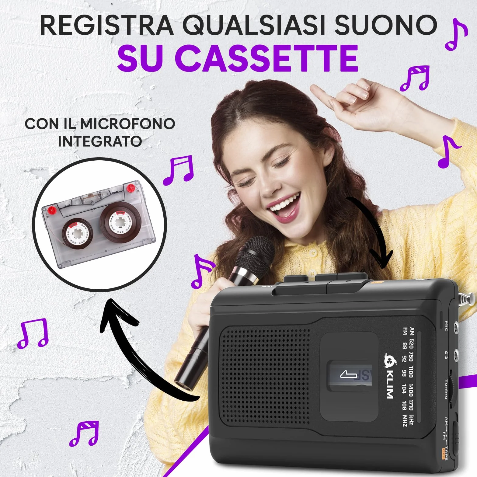 KLIM K8 Lettore Cassette Audio con Cuffie F1 - Registratore Cassette AM/FM Radio - Microfono e Altoparlante Integrati - Nero