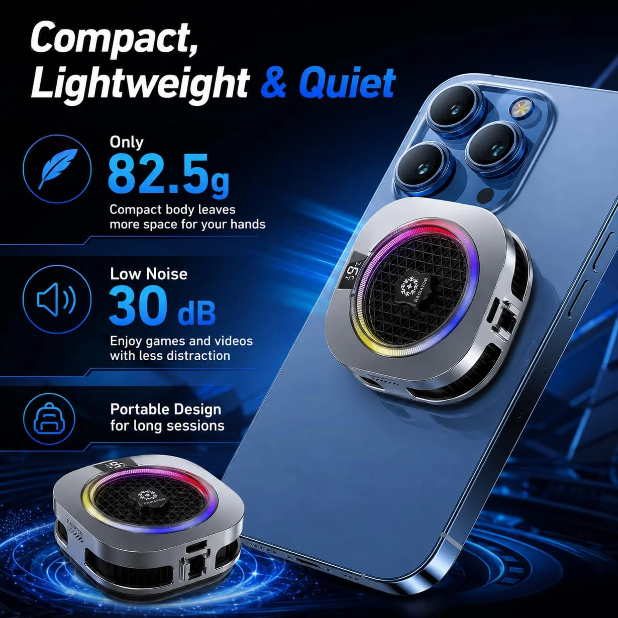 auvstar Raffreddatore Telefono,Phone Cooler RGB,Ventola Raffreddamento elefono Portatile RGB,Raffredda Telefono Leggero e Silenzioso,Adatto per Giochi/Live Streaming (Argento)