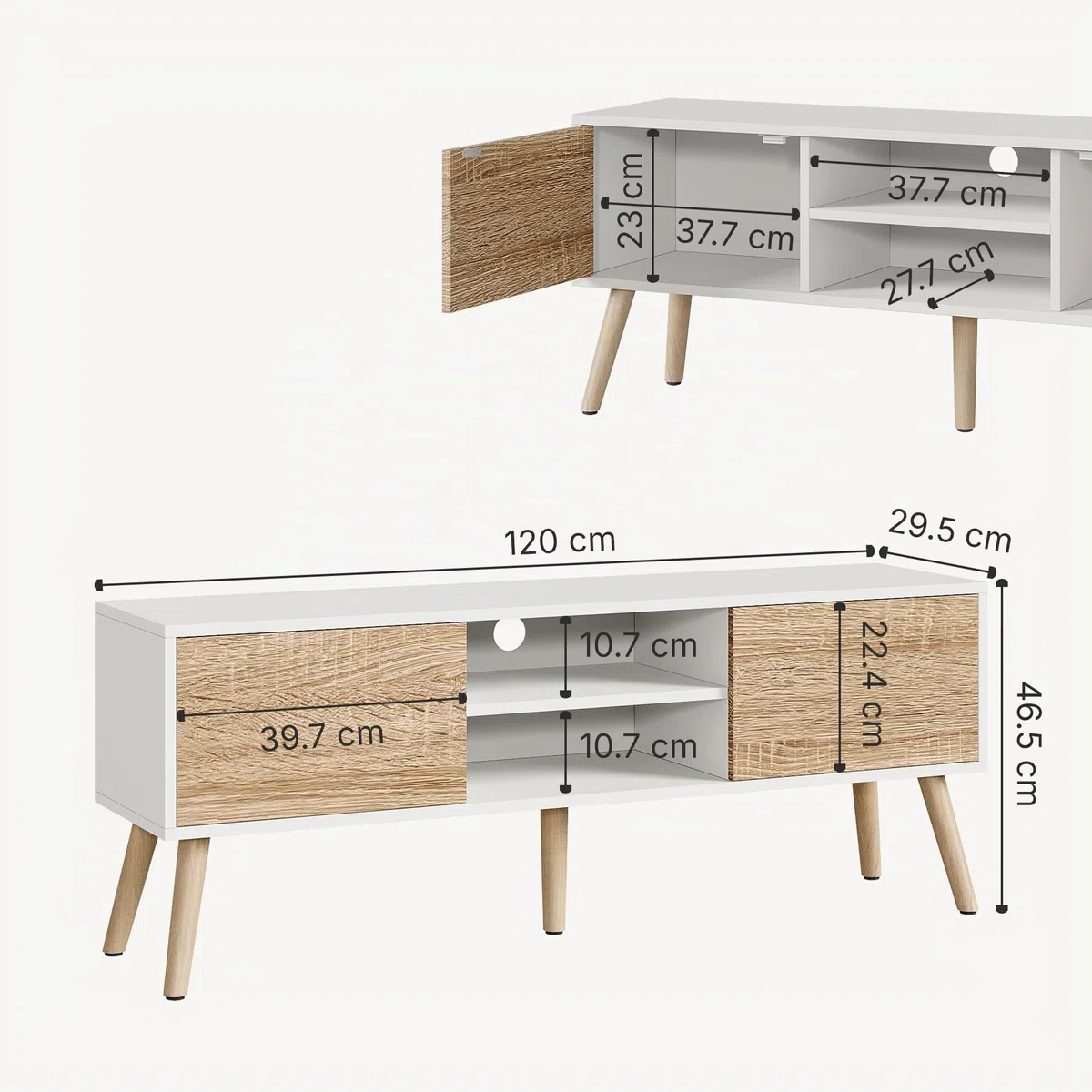 [en.casa] Mobile Porta TV a 2 Ante e Ripiani Aperti Supporto Televisore con Scomparti Chiusi Tavolo Basso Contenitore per Soggiorno Studio Corridoio 120x30x47 cm - Bianco/Effetto Rovere