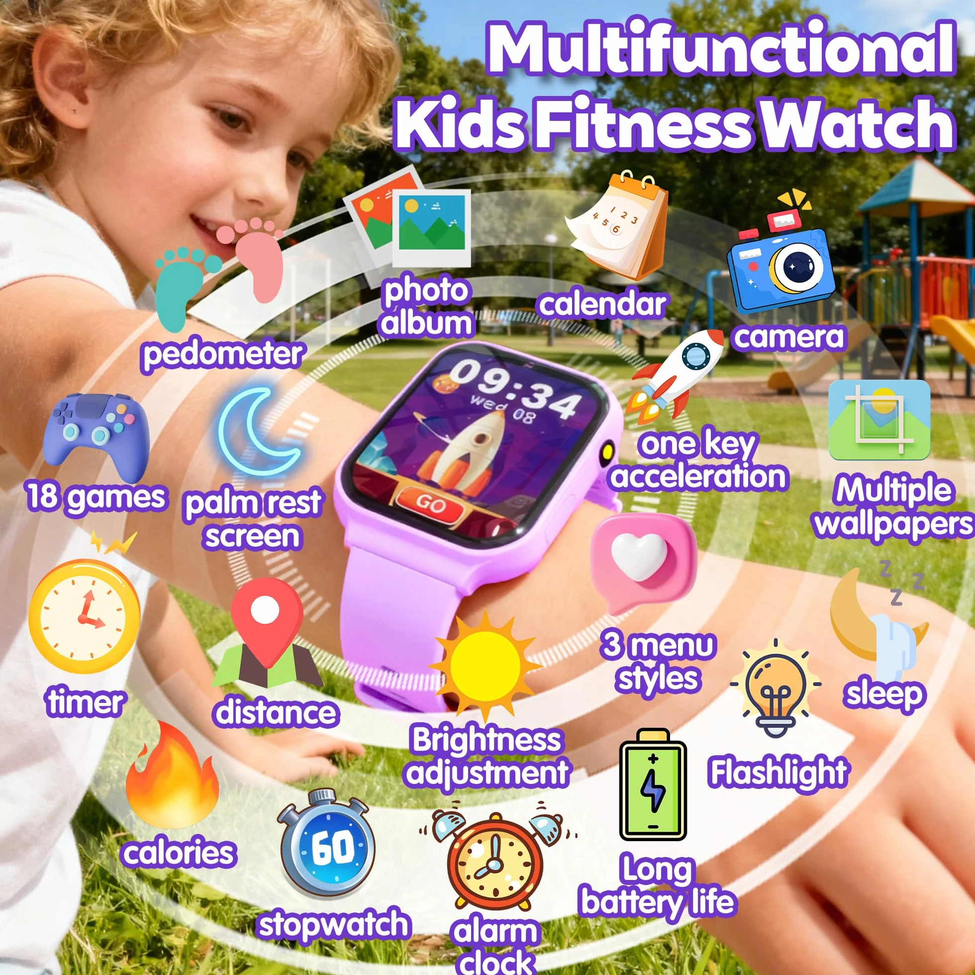Smartwatch Bambini – 18 Giochi Educativi (Matematica e Logica) con Fotocamera e Monitor del Sonno | Schermo Touch 1,83", Contapassi, Sveglia | Activity Tracker Regalo per Ragazze e Ragazzi