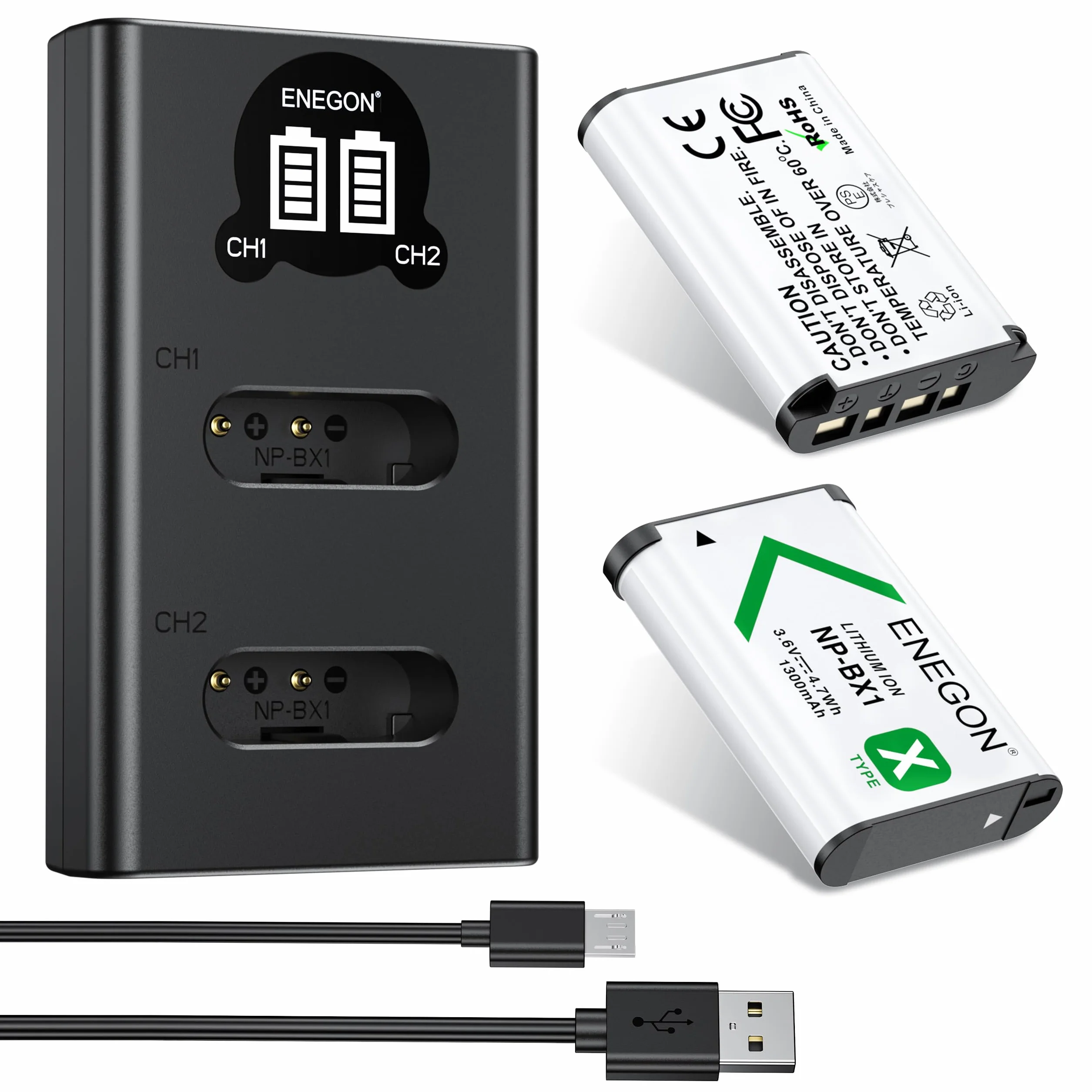 ENEGON NP-BX1 Kit Batteria (1300mAh Pacco da 2) e Caricatore LCD Compatibile con Sony NP-BX1, Sony ZV-1, Cyber-Shot DSC-RX100, DSC-RX100 II/III/M4/M5/M6/M7/Ⅳ/Ⅴ/Ⅵ/Ⅶ/VA, DSC-RX100M II, HDR-CX405