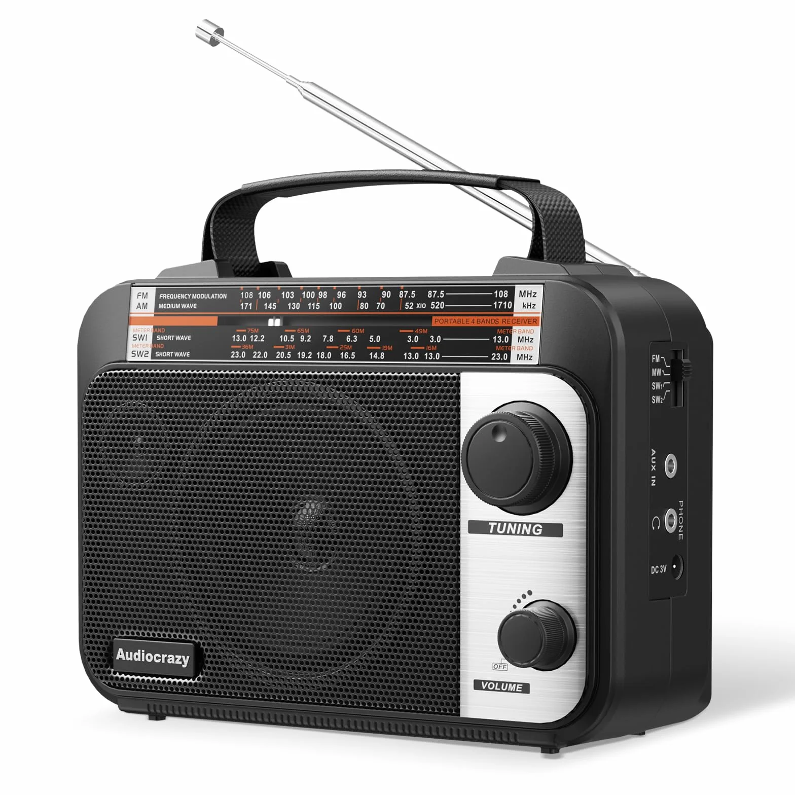Radio Portatile AM/FM/SW1-2 Multibanda 1800 mAh Batteria Ricaricabile Nero
