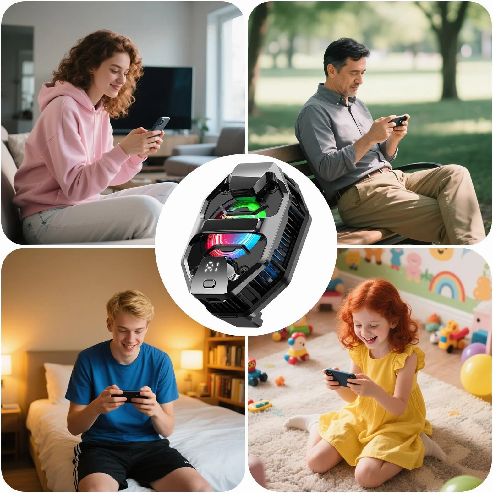 Ventola di raffreddamento per telefono, radiatore per telefono, semiconduttore, portatile, con LED RGB, per videogiochi, live streaming, vlog, tablet, spiaggia