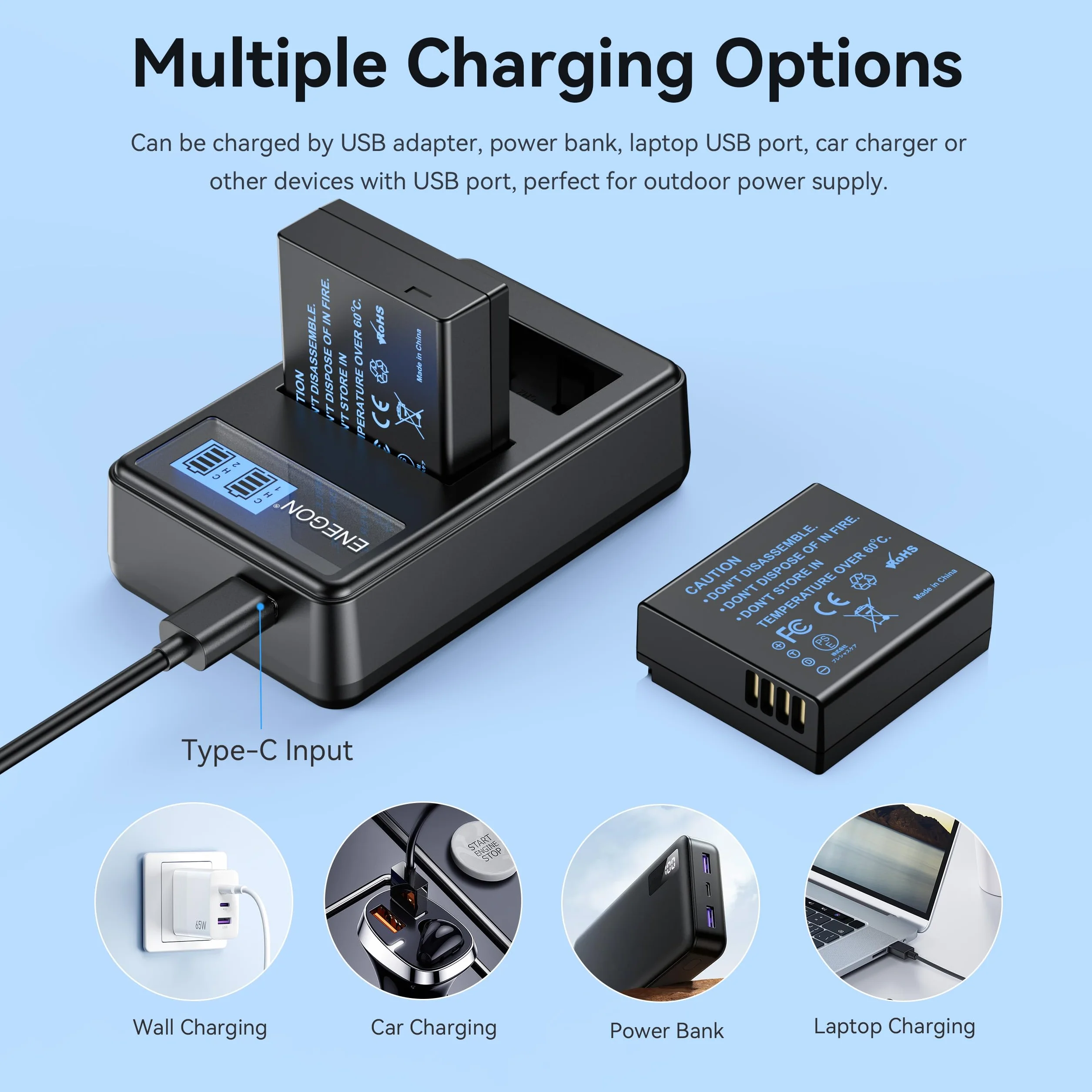ENEGON Pack da 2 DMW-BLE9 DMW-BLG10 1200mAh Batteria e caricabatteria, cavo USB-C e display LCD, per Panasonic Lumix DC-LX100 II, TZ202, TZ101, TZ99, TZ91, TZ81, DMC-GX7, DMC-GX9, DMC-GX80, DMC-GX85