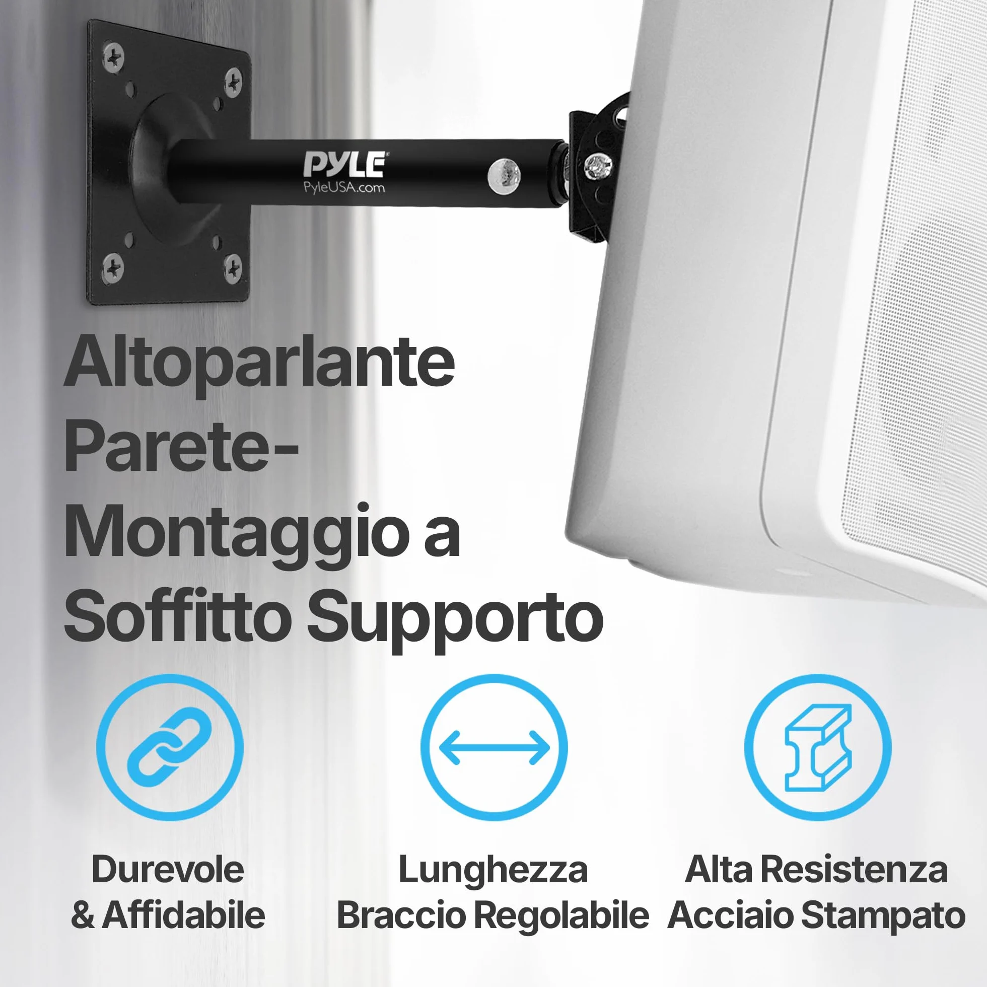 Pyle Supporto Casse Audio da Parete e Soffitto con Braccio Telescopico Regolabile per DJ, Cassa Bluetooth e Speaker, Inclinazione e Rotazione per Sistema Audio Casa, Nero, Coppia
