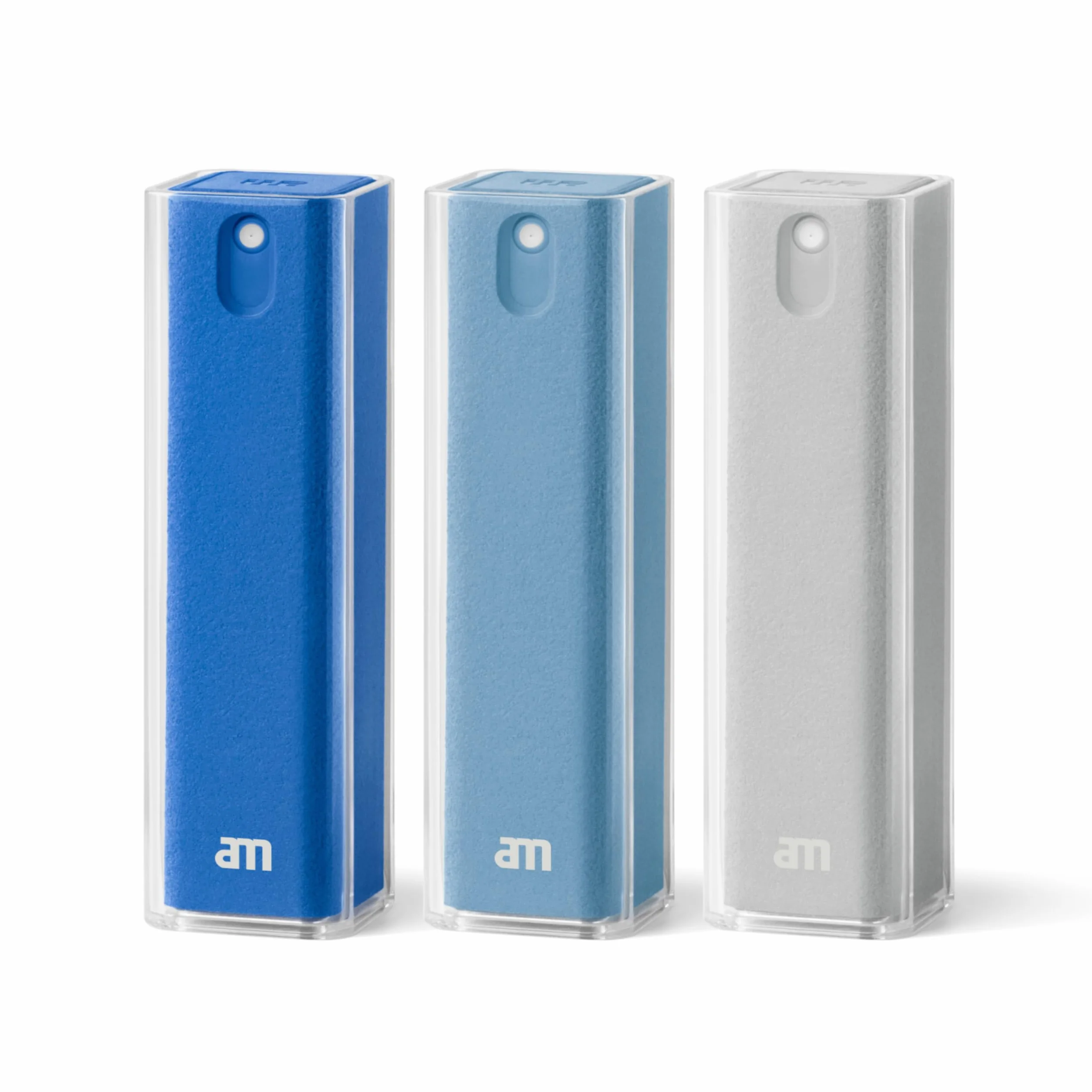 am Spray Pulizia Schermo 2 in 1 con Panno in Microfibra Integrato per Smartphone, Tablet, Laptop, Monitor PC, Smart TV e Display Auto, Ricaricabile (Blu, 3 Pack)