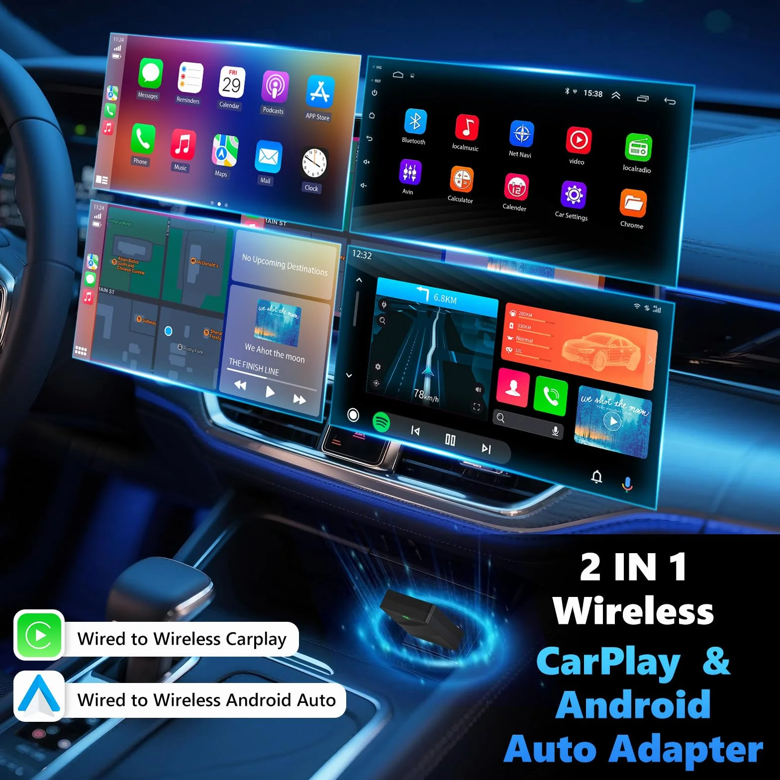Adattatore Carplay Wireless & Android Auto Wireless 2 IN 1, Converte Android Auto/Carplay da cablato in Wire-less,Typ-C/USB Plug & Play Mini, Compatibile con iOS 10+ Android 11+