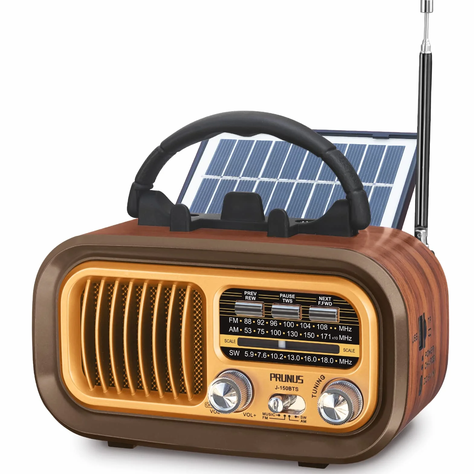 PRUNUS J-150 Radio Portatile Vintage FM/AM/SW Bluetooth Solare Ricaricabile