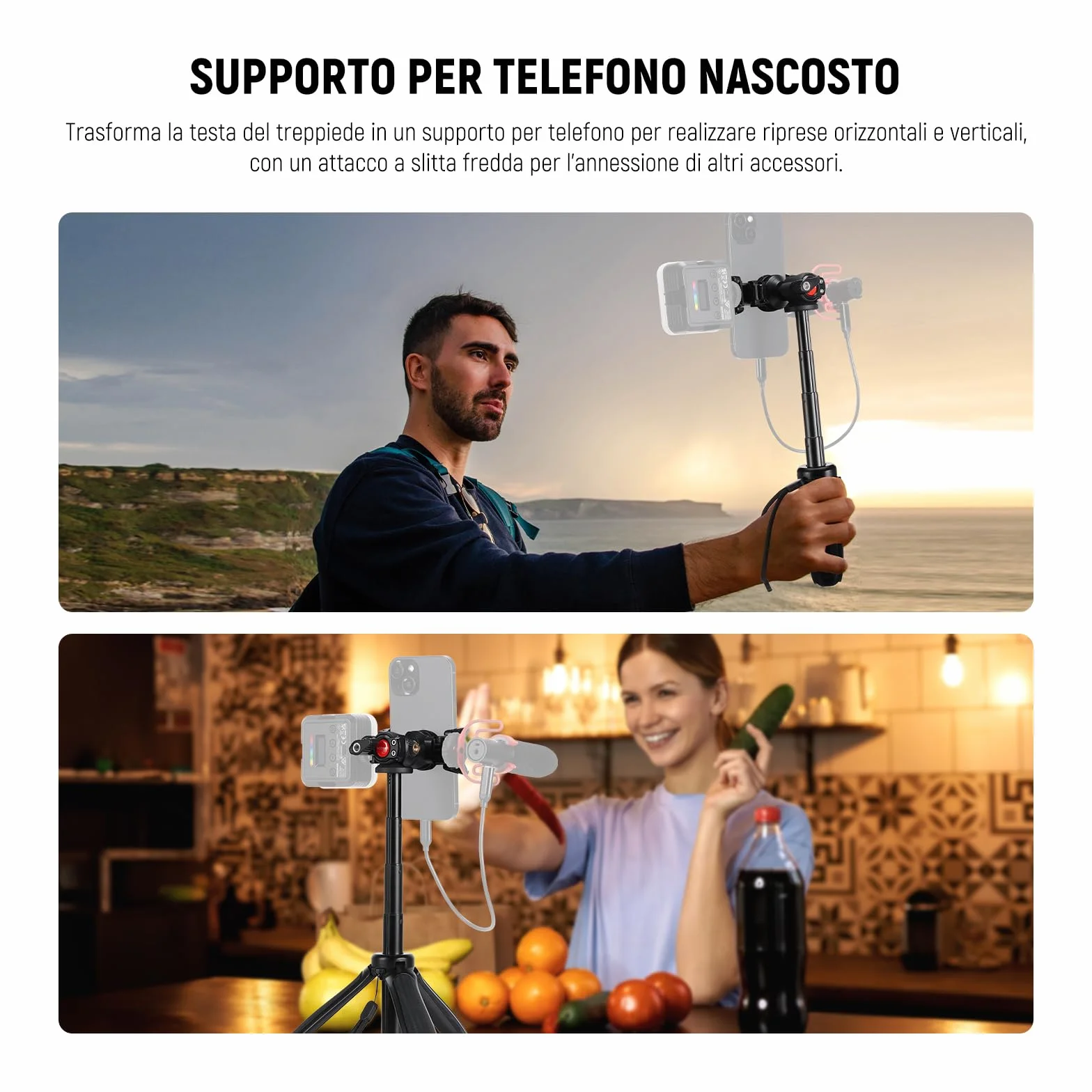 NEEWER TP38 Treppiede Fotocamera Smartphone Selfie Stick con Porta Cellulare Adattatore Action Cam Compatibile con iPhone GoPro, Mini Tripod Supporto Viaggio con Panno Pulizia per Vlog Riprese Video