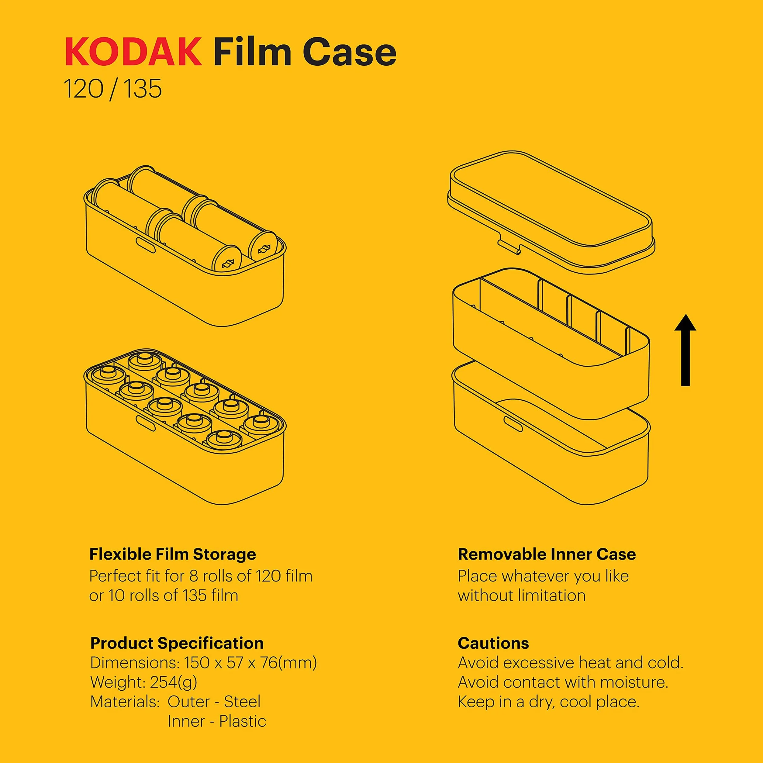 KODAK 120/135 - Custodia per 8 rotoli da 120 pellicole / 10 rotoli di pellicole da 35 mm, retro in acciaio per ordinare e proteggere la pellicola (giallo)(film non inclusi)