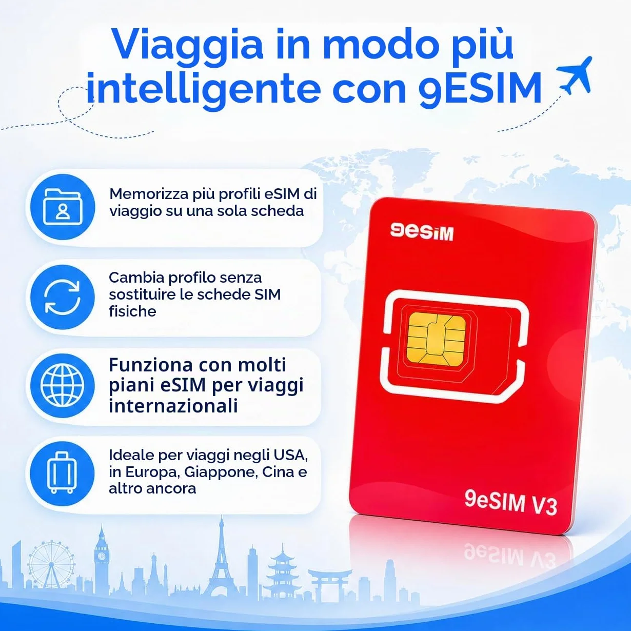 9esimo v3 adaptatore SIM illimitato per telefoni Android sbloccati Viaggi internazionali Europa, USA, Giappone, Cina (scheda fisica eSIM)