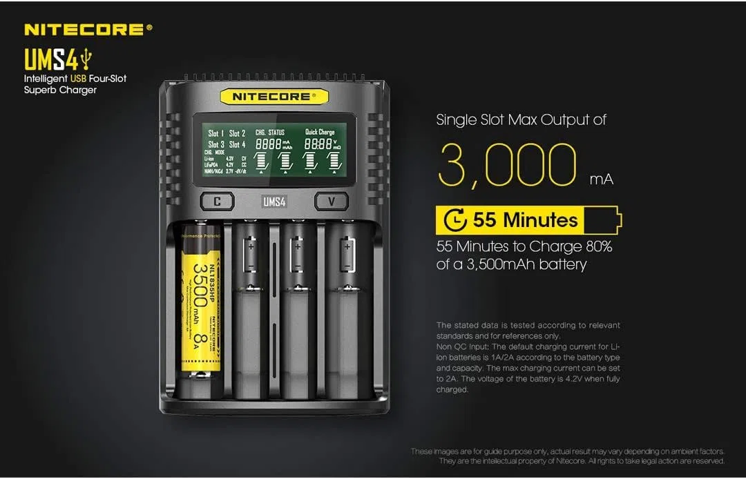 Nitecore Caricatore Universale UMS4 3000mA USB Unisex-Adulto, Nero, L: 159 x l: 107 x H:41