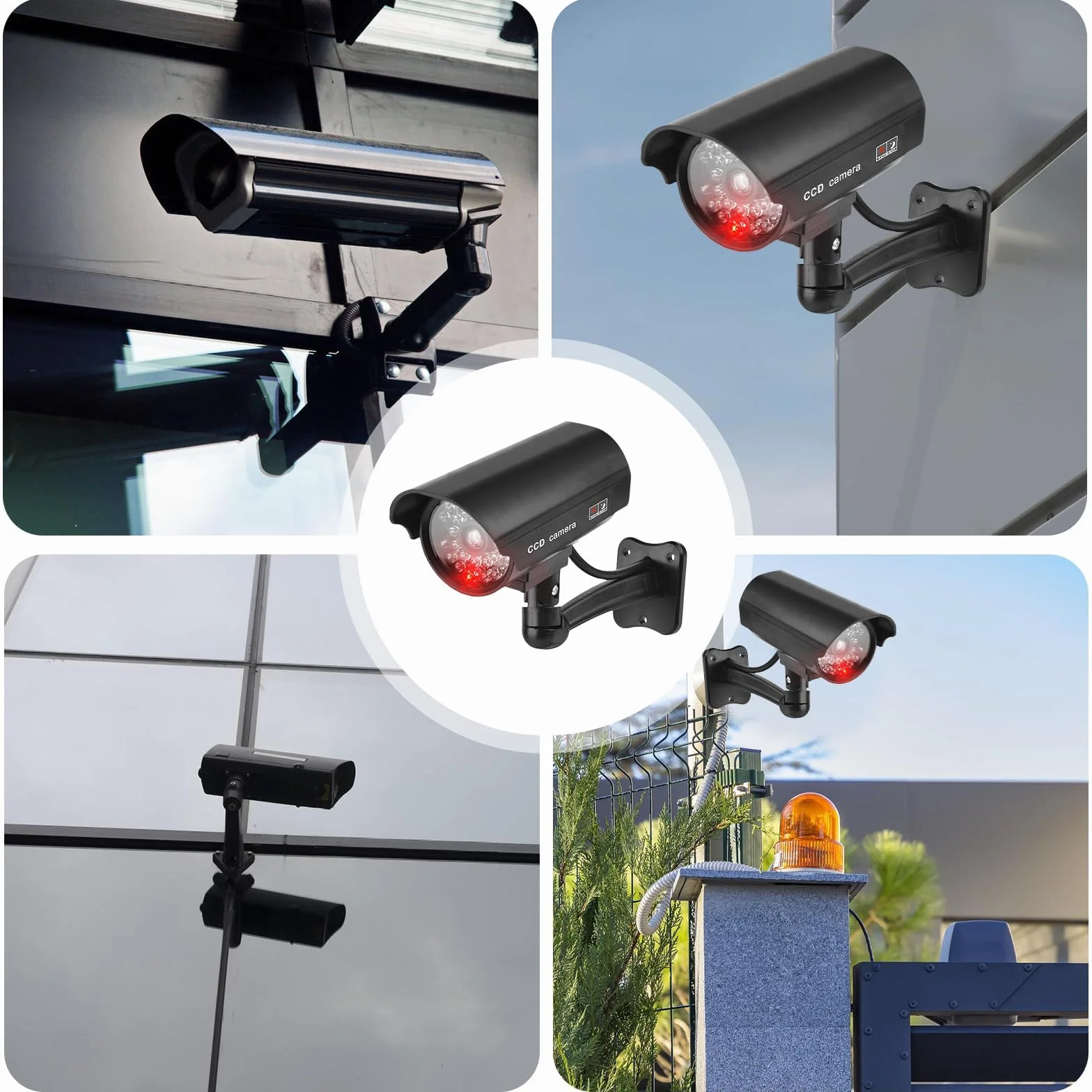 GOMETY 4 fotocamere Atrappe esterne, finte fotocamera con LED rosso lampeggiante, telecamera di sorveglianza, per esterni, CCTV, manichino, telecamera di sicurezza per interni ed esterni (nero) (4)