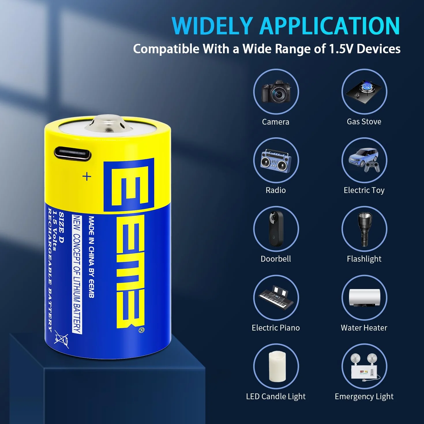 EEMB Confezione da 4 Batterie D Ricaricabili 1,5V, Alta Capacità 5550mWh, Pile Mono D al Litio con Cavo di Ricarica USB Tipo C, Batteria di Ricambio LR20 per Torce Elettriche e Radio