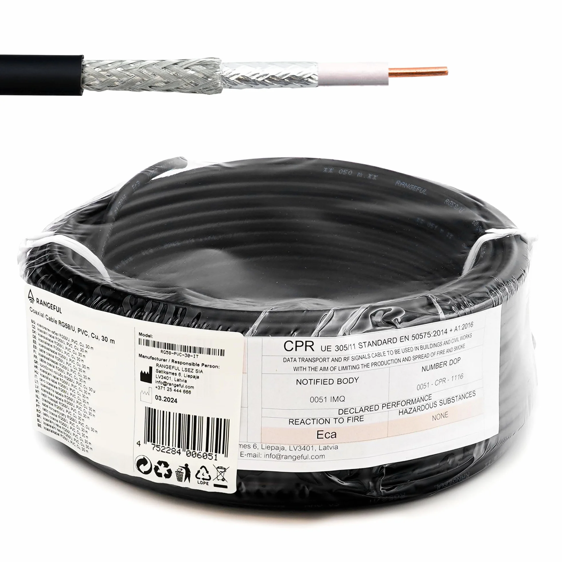 RG58 30 metri cavo coassiale — prolunga 30m RF 50ohm a bassa perdita — compatibile con SMA BNC TNC UHF FME Tipo N — cable per Antenna Esterno WiFi Router 4G 5G CB Radio Modem — Prodotto in Italia