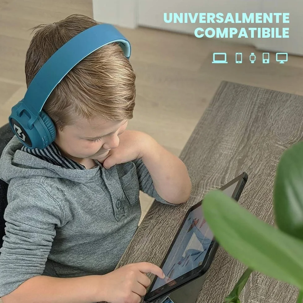PowerLocus Cuffie Bluetooth per Bambini, Cuffie Over-Ear Senza-Fili per Bambini, Limitatore audio a 85 dB, con LED, Pieghevole, Con Microfono, Micro SD, Sacchetto da Trasporto per Viaggio/Telefono/PC
