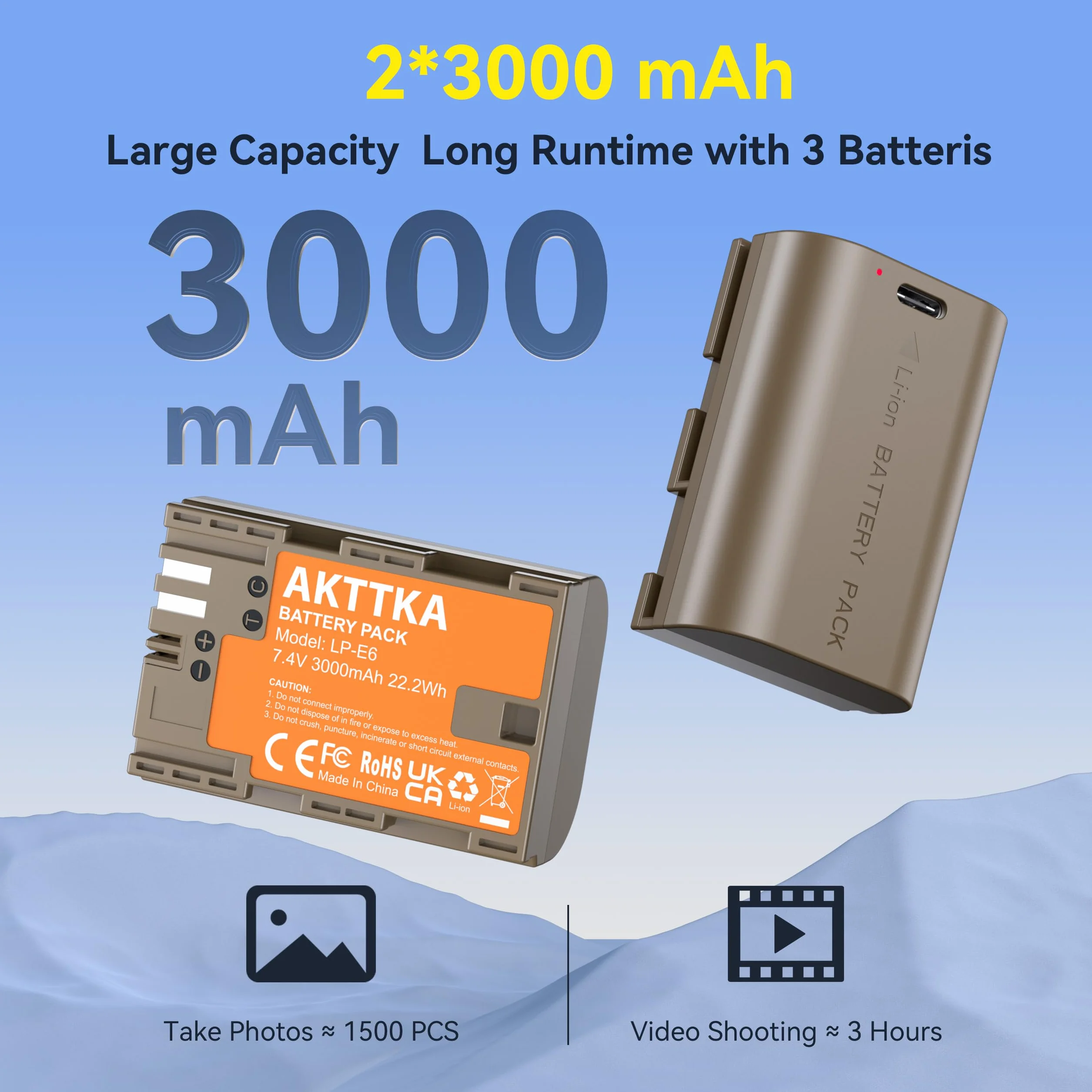 Batterie LP-E6 (2 pezzi) con cavo USB-C 2 in 1, 3000mAh, compatibili con Canon LP-E6/LP-E6N, EOS 5D II/III/IV, 6D/6D II, 7D/7D II, 60D/70D/80D/90D e altro