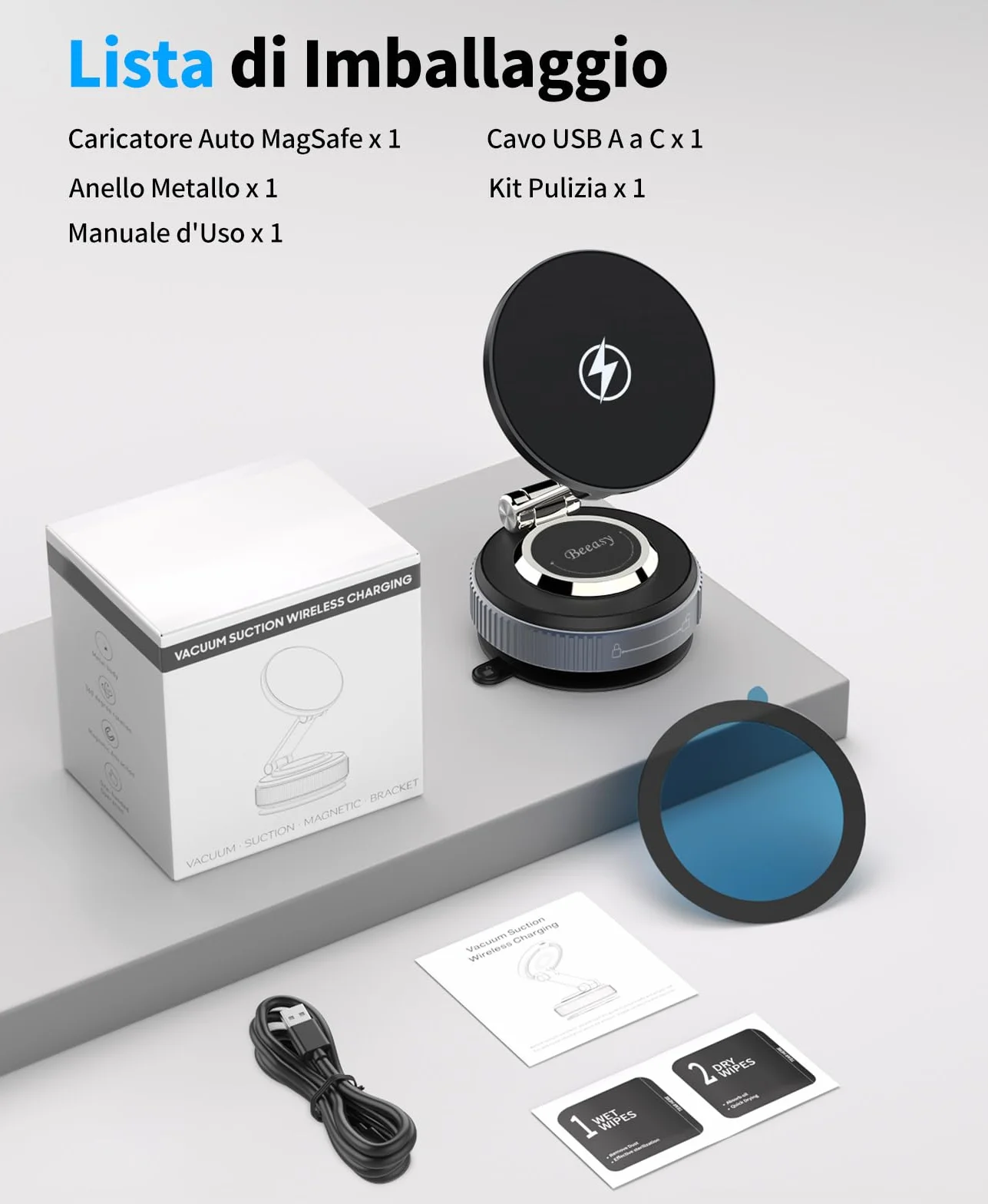 Beeasy per MagSafe Porta Cellulare Auto 15W, Caricatore Wireless Auto Regolabile a 360° [Ventosa Super Potente & Magnete N56], Magnetico Supporto Telefono Auto per iPhone 17 16 15 14 13 12