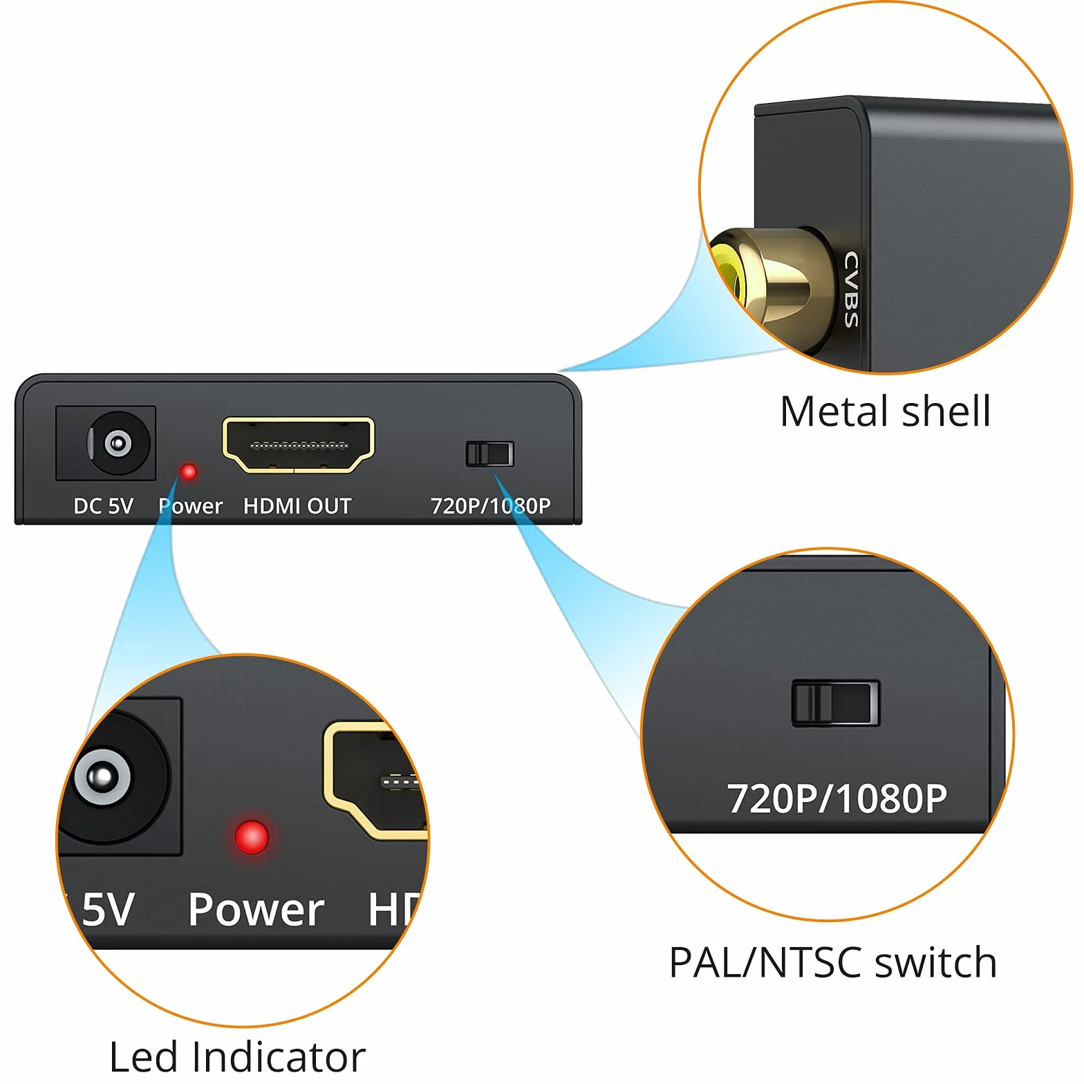 Neoteck Convertitore da CVBS a HDMI Tutto in Metallo con 1m Cavo RCA Adattatore 1080P 3RCA AV CVBS Composito a HDMI per TV PS3 STB VHS VCR Blu-Ray DVD Lettori Proiettori - Versione Aggiornata