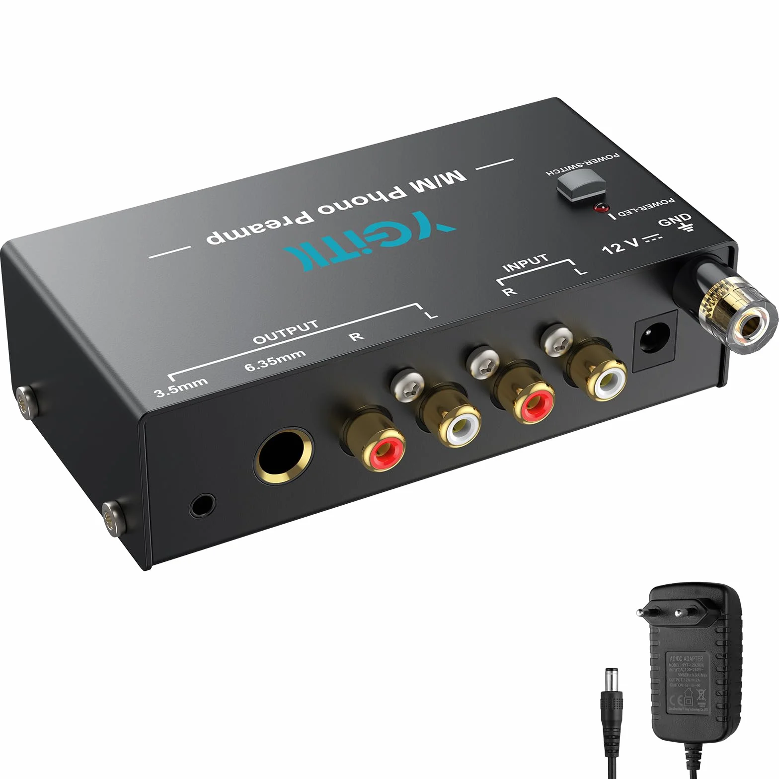 MM Phono Preamplificatore, Mini Preamp Fono DC 12V Audio Stereo per Giradischi a Basso Rumore con Ingresso/Uscita RCA