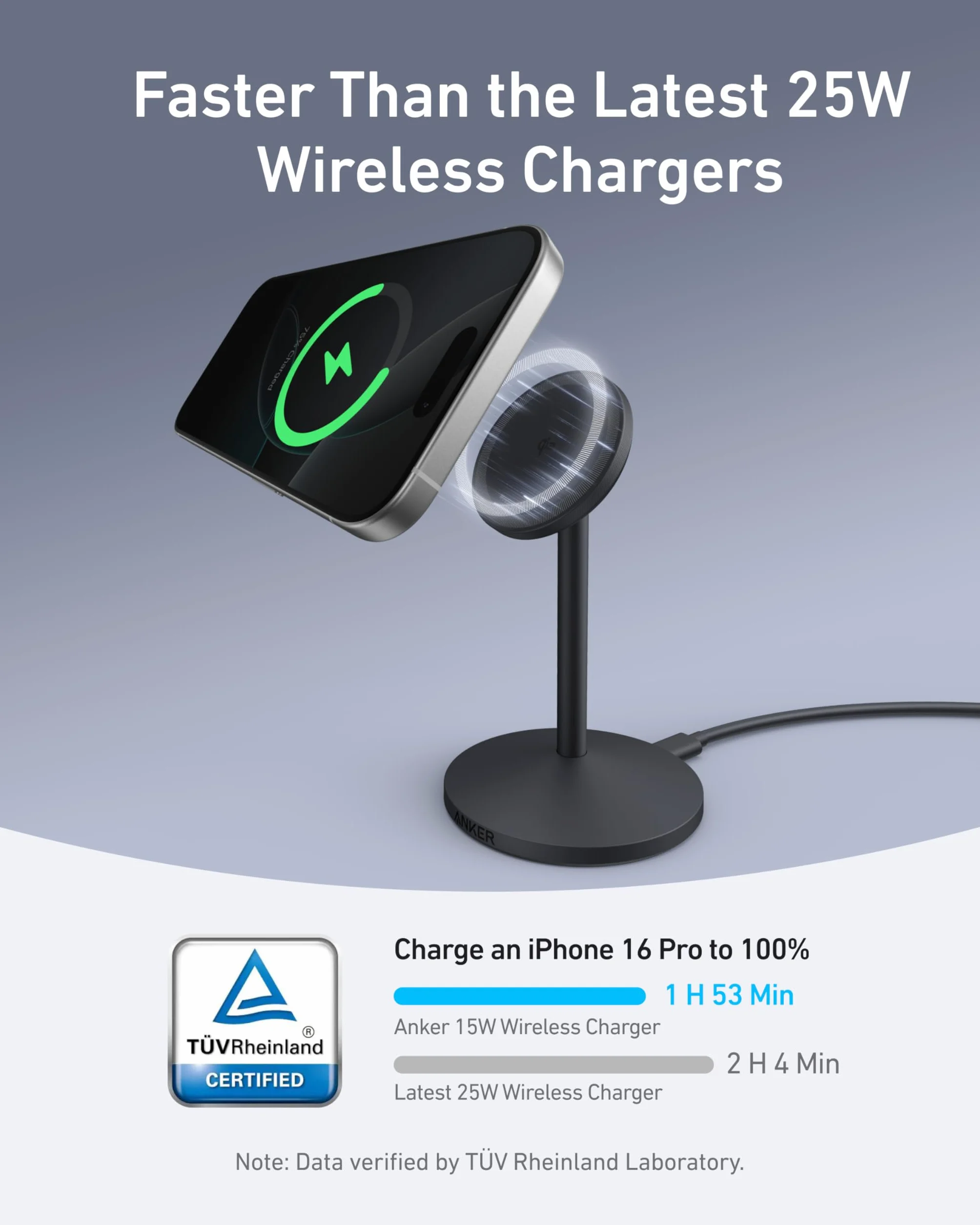 Anker Caricatore Wireless iPhone Stazione di ricarica, Certificato Qi2, Compatibile con MagSafe, Ricarica Rapida da 15W con cavo USB C, Compatibile con iPhone 17 Pro Max/Serie 16-12, AirPods(Nero)