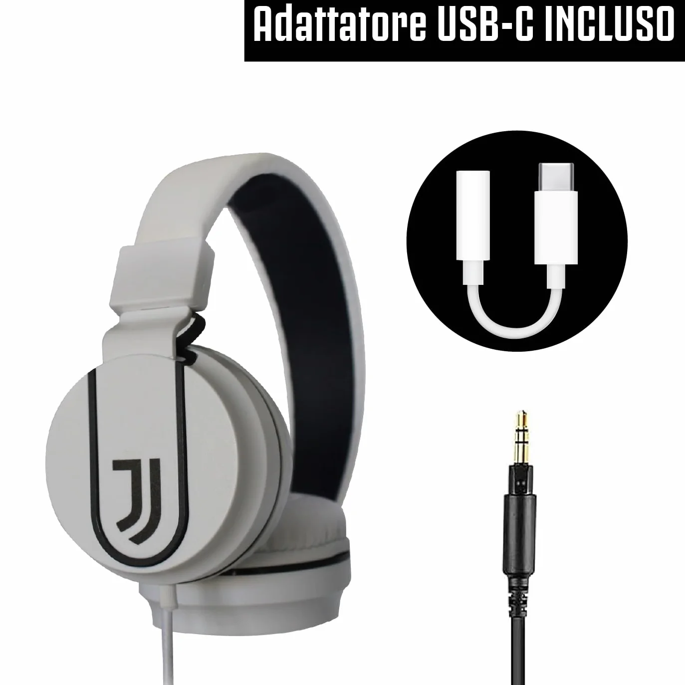 TECHMADE Juventus Football Cuffia microfono incluso |ON-EAR |con filo cavo aux | Bianco/Nero | con adattatore usb-c (+ SPEAKER)