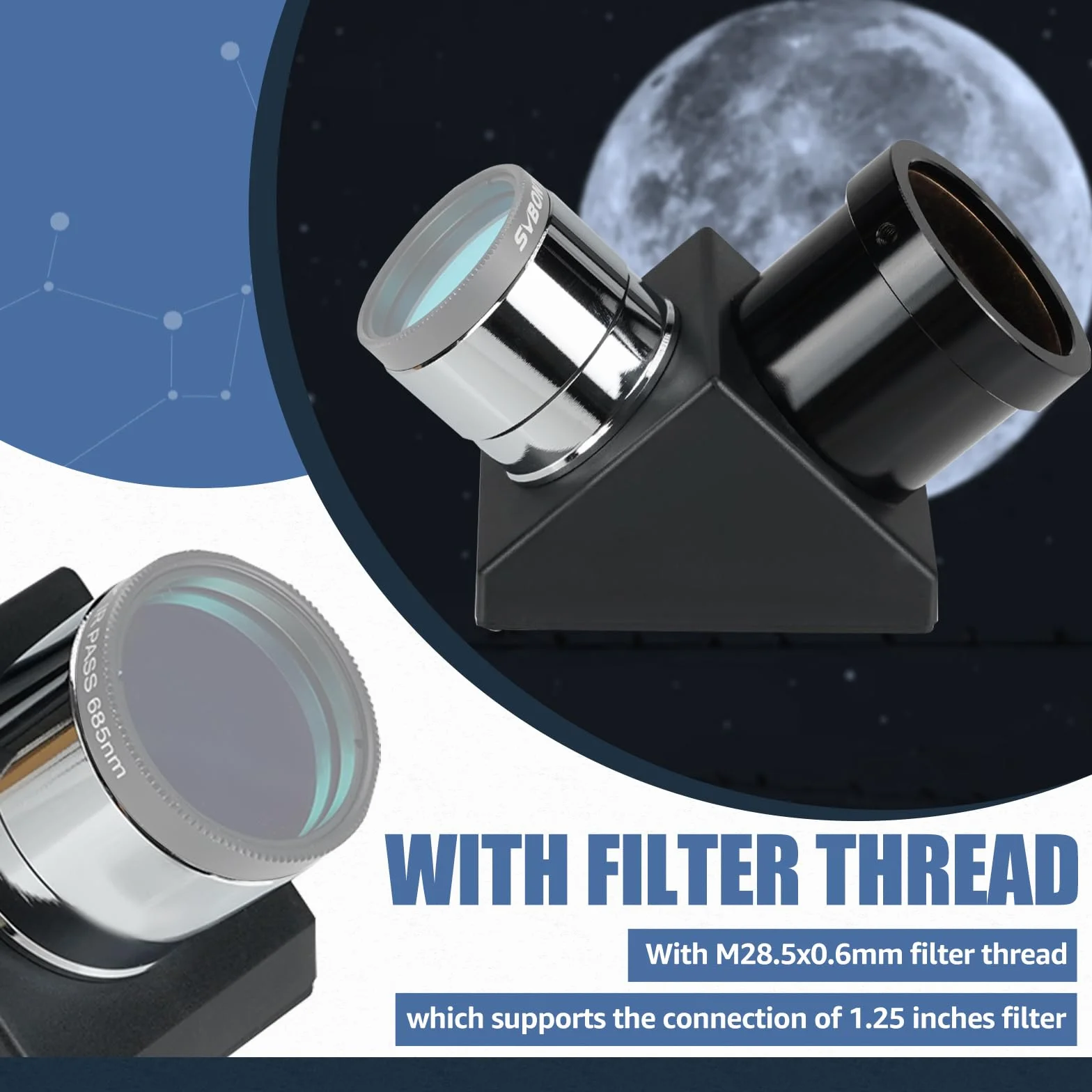 Svbony SV221 Specchio Diagonale, Adattatore Diagonale da 1,25pollici a 90 Gradi con Anello di Pressione in Ottone Accessori per Oculare Telescopio in Alluminio per Osservazioni Astronomiche da Terra