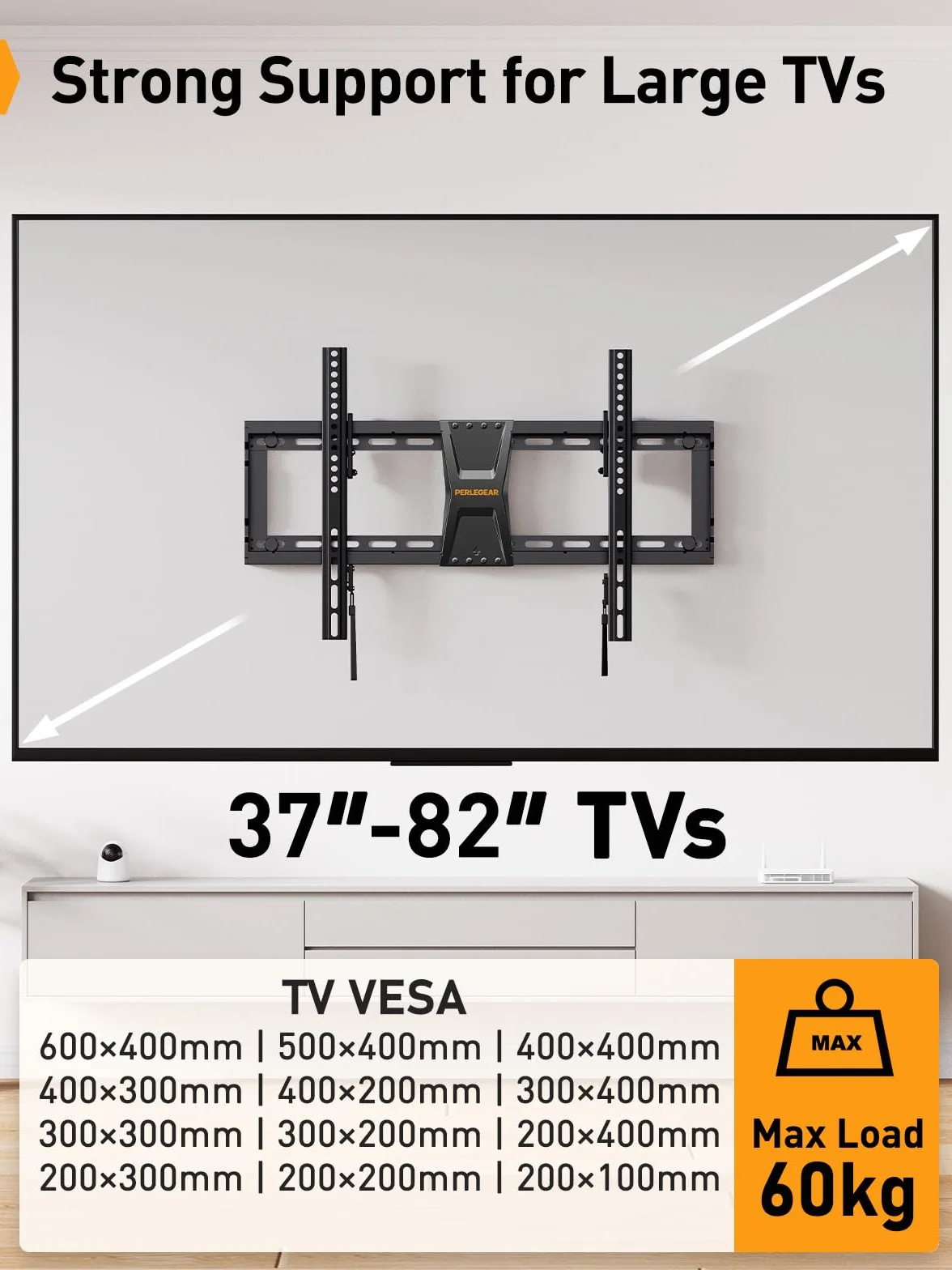Perlegear Supporto TV Parete 37-82 Pollici, Staffa TV Inclinabile 60 kg, VESA 600x400 mm