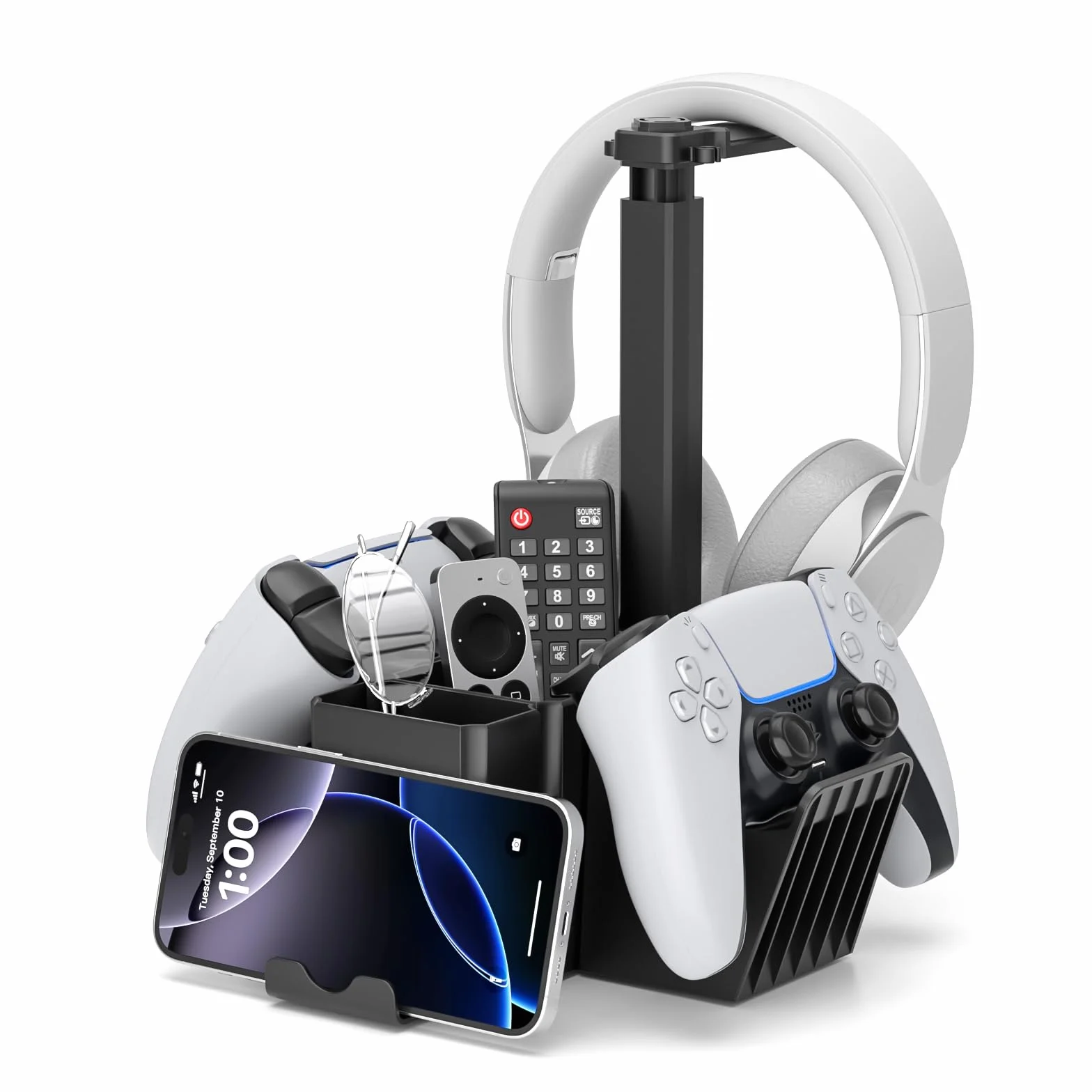 KDD Supporto per Controller Doppio, Porta Cuffie da Scrivania Universale con Supporto Telefono, Porta Controller Multifunzionale, Organizer Da Scrivania per Penna Telecomando Xbox ONE PS4 PS5 PC Nero