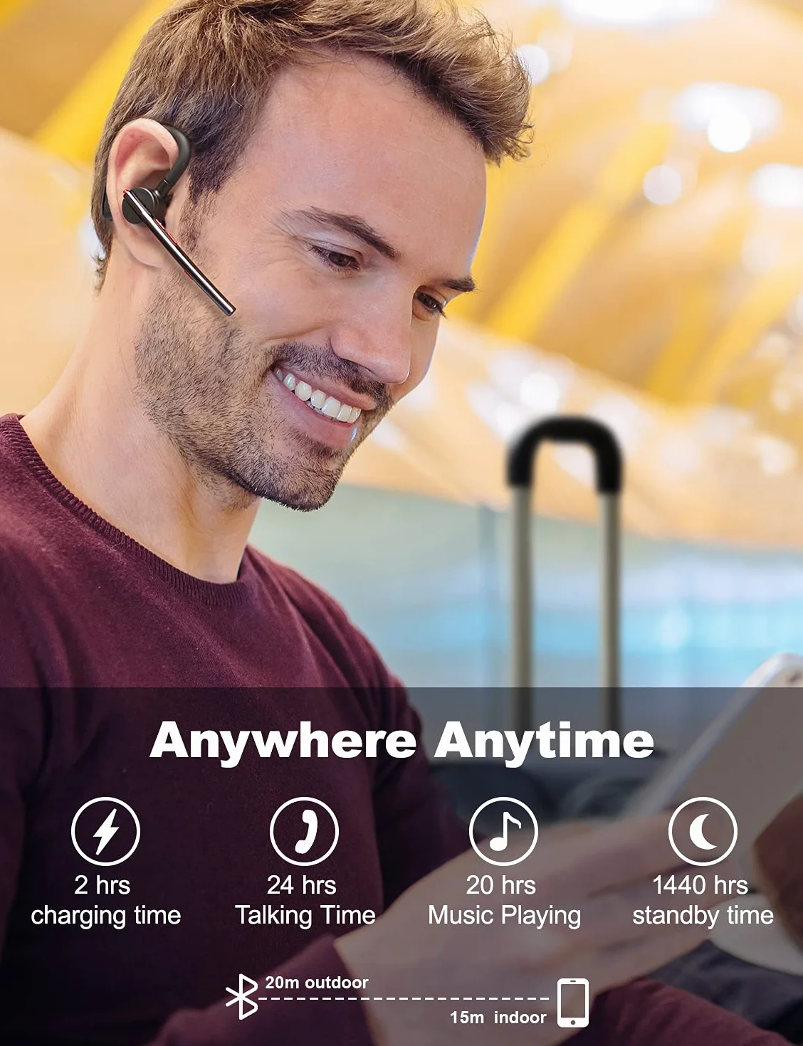 New Bee Nuovo auricolare Bluetooth ape Vivavoce Bluetooth V5.2 Orecchio singolo Auricolare leggero con 24h di conversazione per iPhone, Android e Laptop
