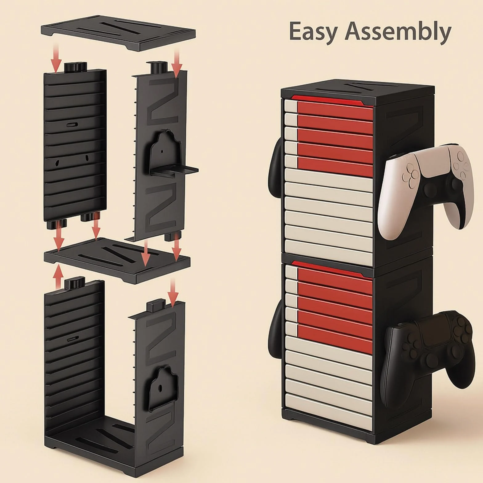 Supporto a torre di archiviazione per giochi per PS5, PS4, Xbox Series X/S, Xbox One, Switch e dischi Blu-Ray - Rack organizer per 24 dischi con controller e ganci per cuffie, salvaspazio