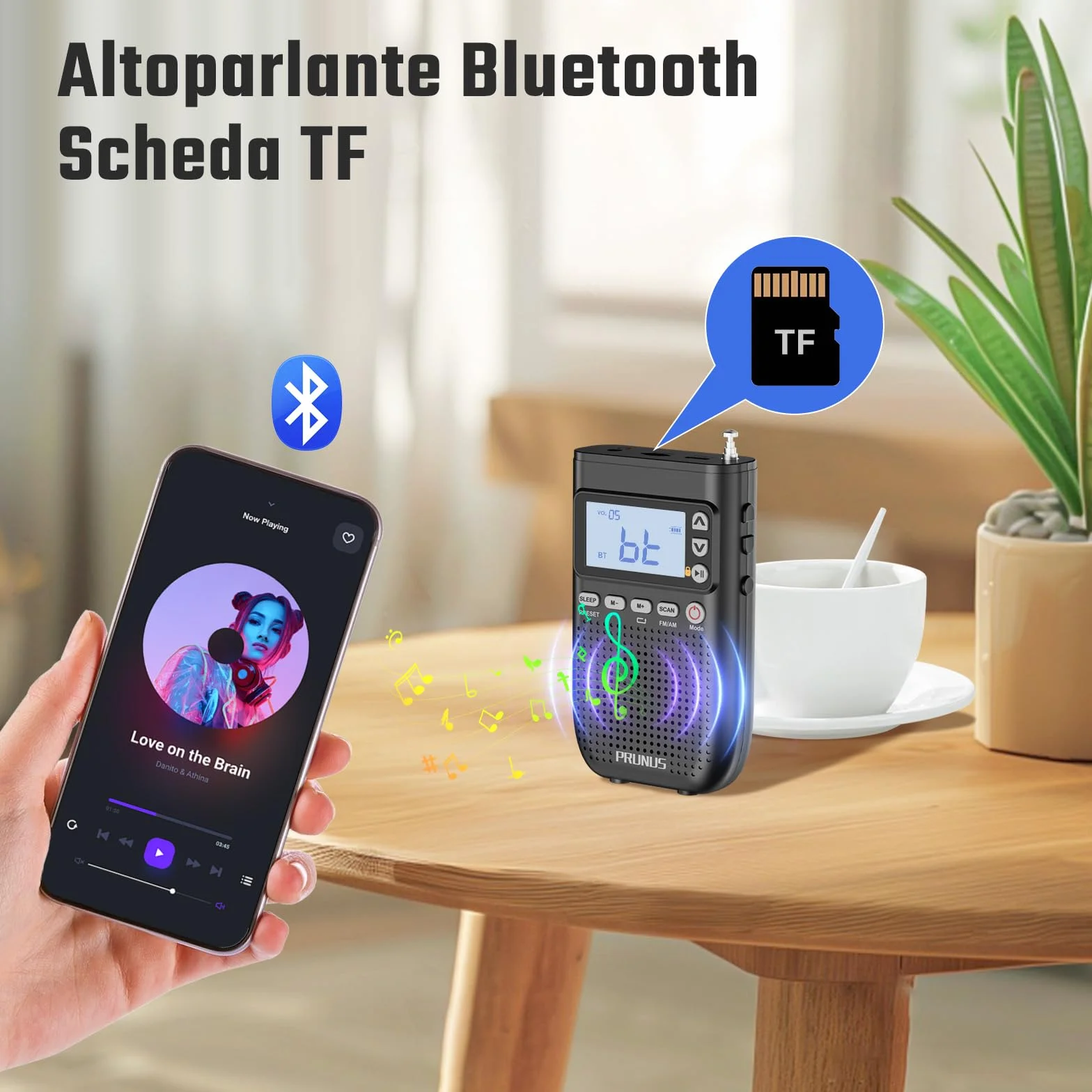 PRUNUS J-618 Radio Portatile AM/FM Bluetooth 2000 mAh Ricaricabile Digitale con Jack Cuffie e Slot TF