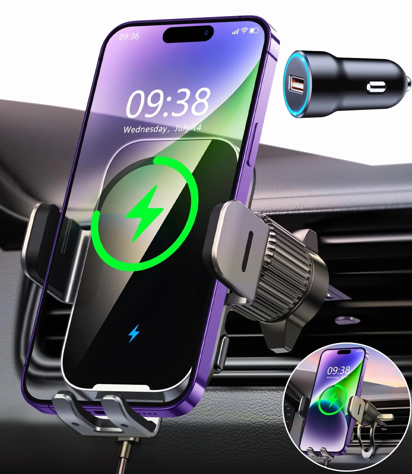 ISEYOU Caricatore Wireless Auto, 15W Supporto Telefono Auto Ricarica Wireless Rapida Bloccaggio Automatico, 360°Rotazione Caricabatterie Wireless Auto Compatibile con iPhone 17 16 15 14 Pro Max Galaxy