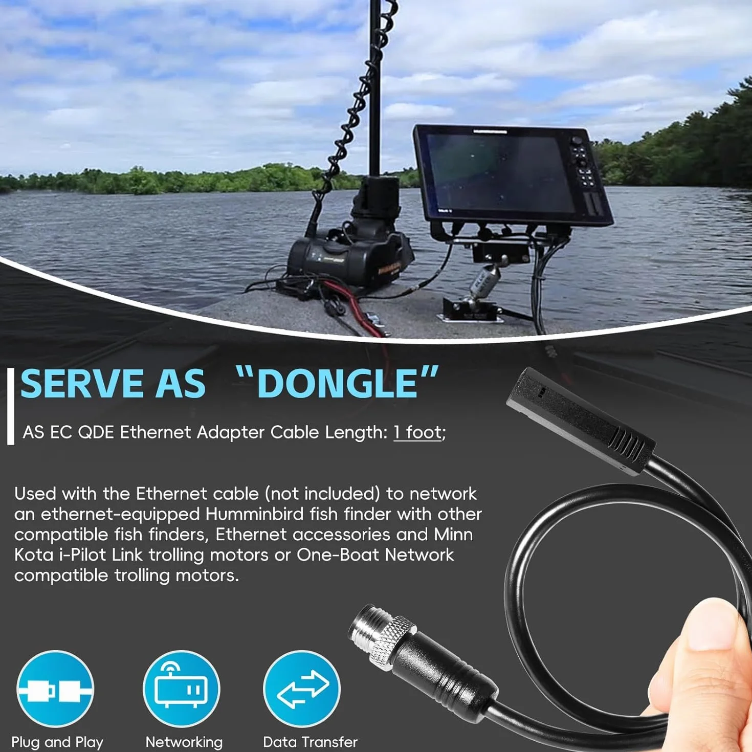 720074-12 (720074-1) AS EC QDE Cavo adattatore Ethernet per Fishfinder Humminbird – Cavo di rete robusto per HELIX 7-15 & SOLIX G2N/G3N/G4N, i-Pilot Link, One-Boat Network e Mega Live Imaging (wasse