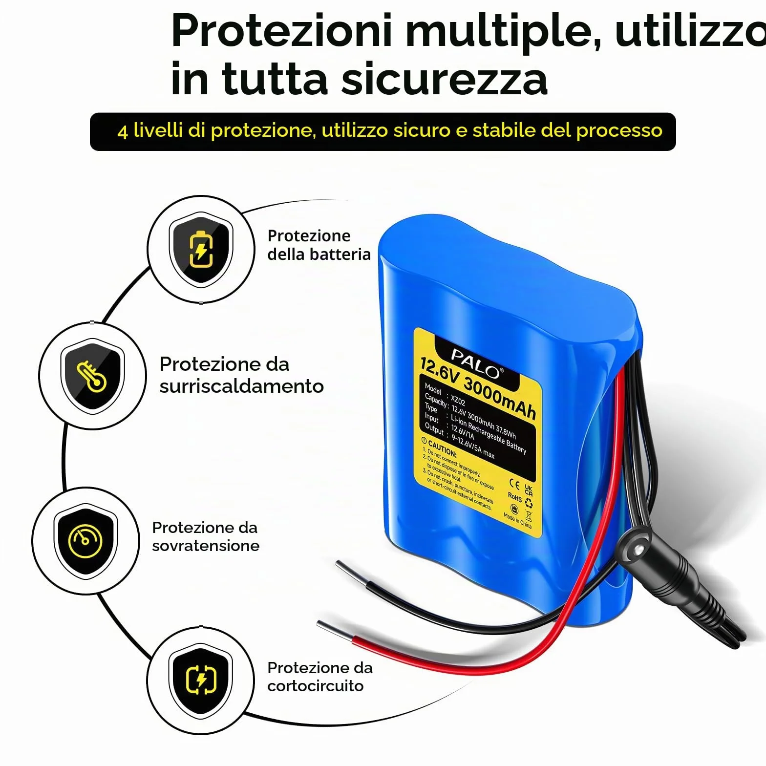 Batteria agli ioni di litio 12,6V 3000 mAh con caricabatterie e 2 linee di collegamento per pannello solare, radio, fotocamere, videocamere, lampada da lettura fai da te, telescopi, sonar